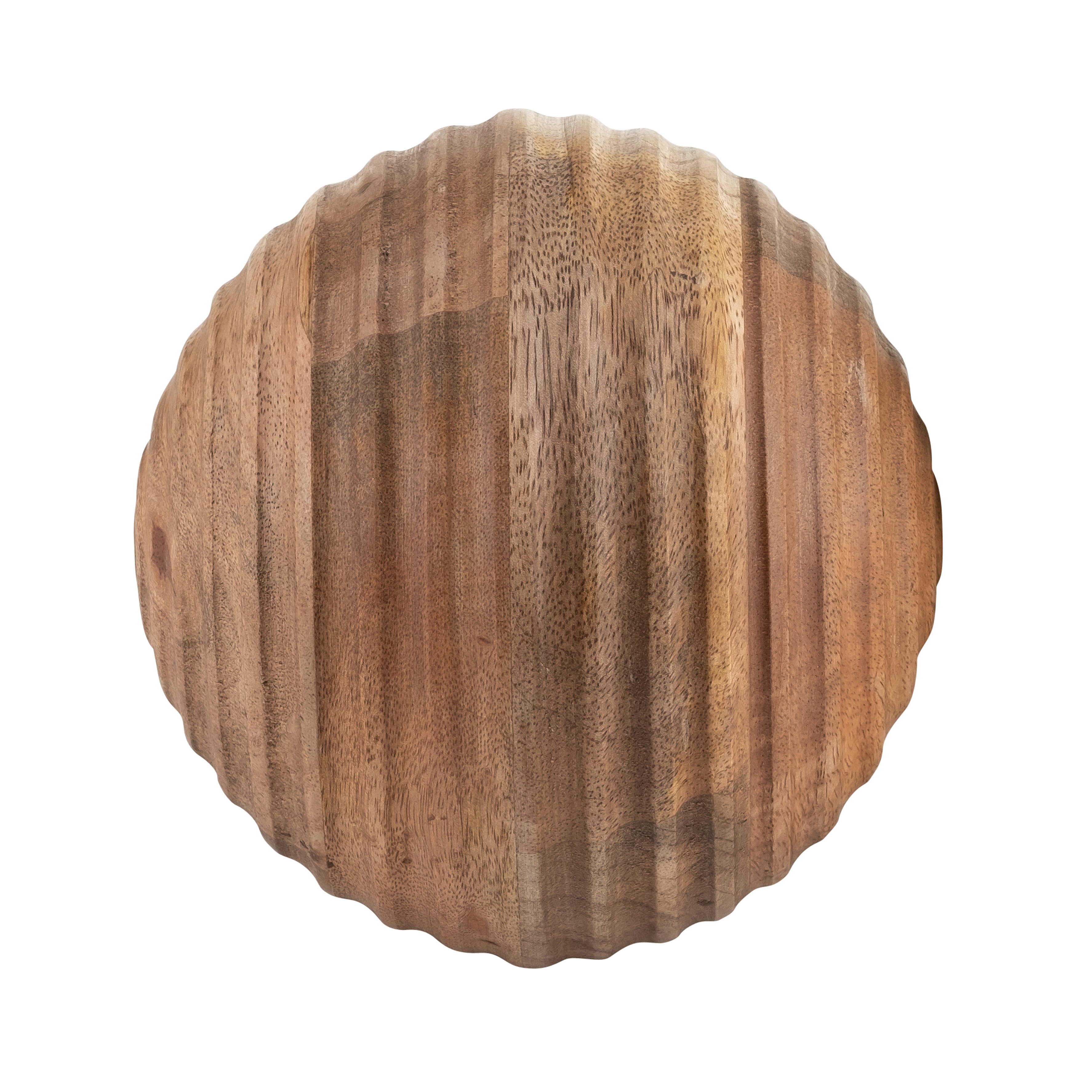 Wooden cutting board with a scalloped edge on a white background