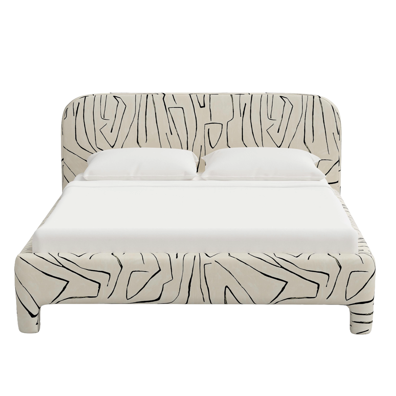 Bed with abstract patterned headboard and footboard on a white background