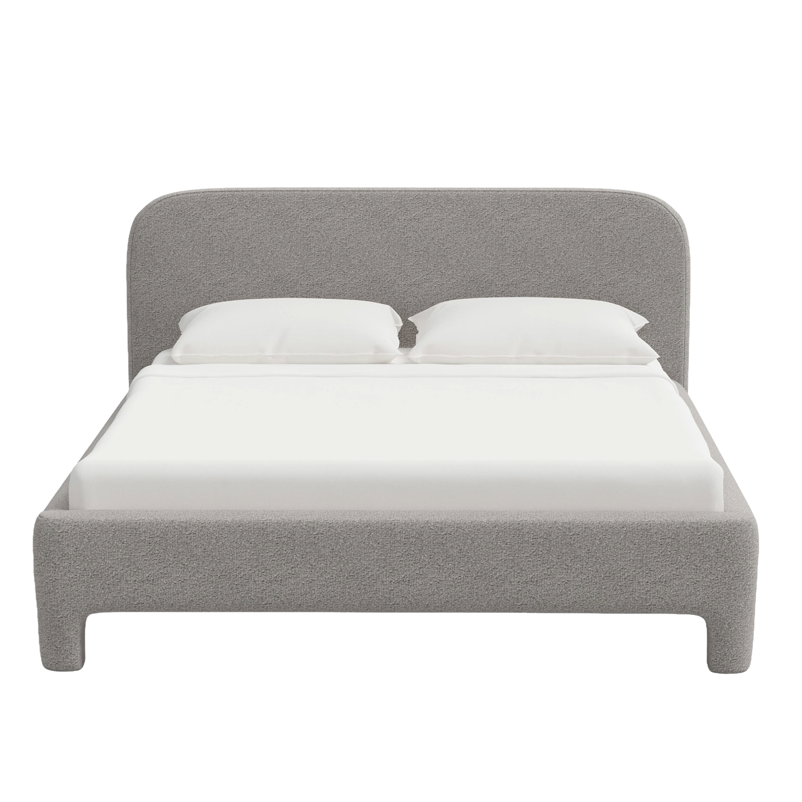 Gray upholstered bed with white bedding on a white background