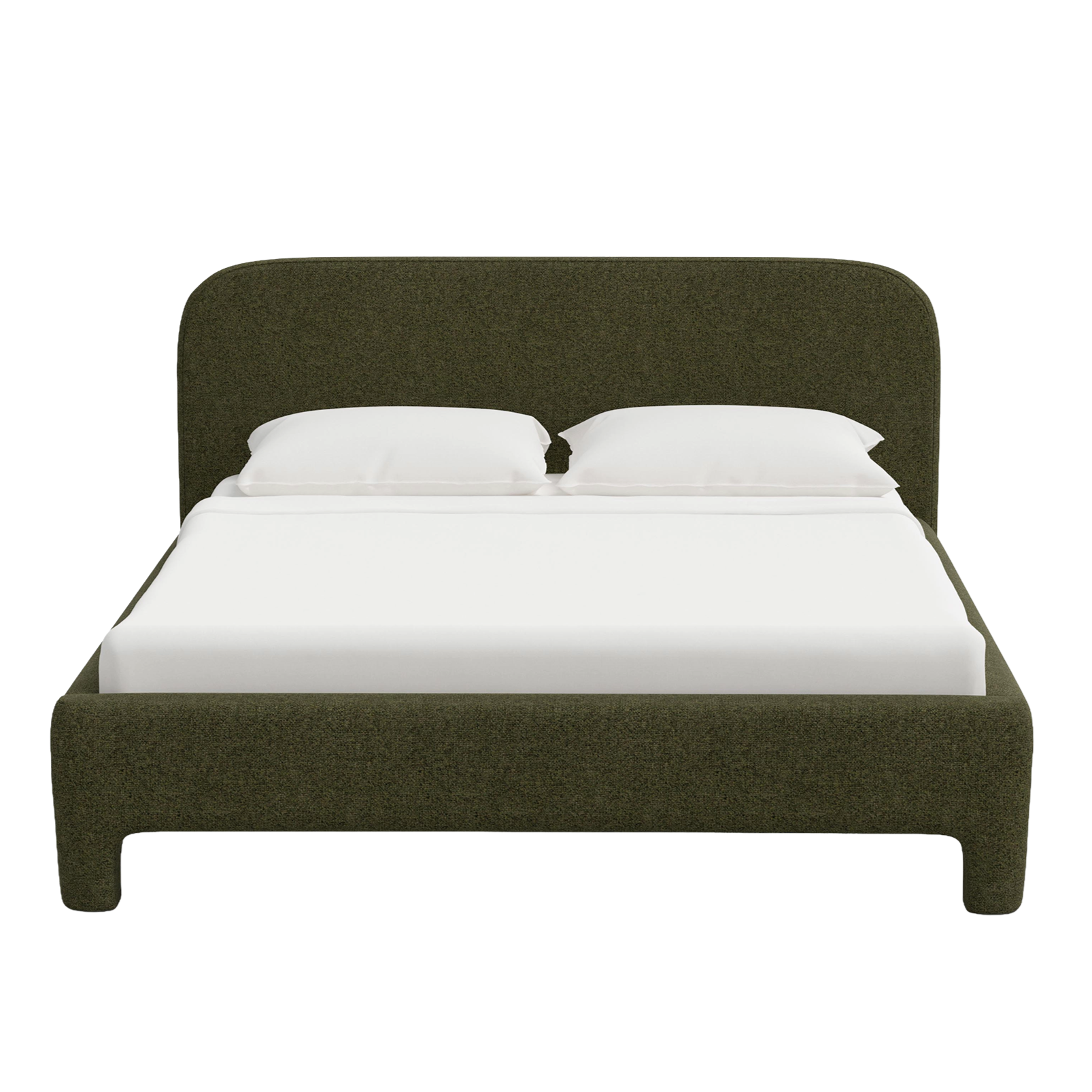 Bed with green frame and white bedding on a white background