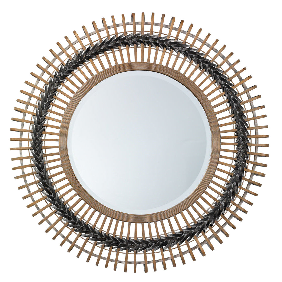 Round mirror with a woven bamboo frame on a white background
