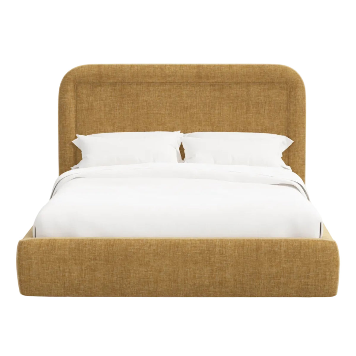 Yellow upholstered bed with white bedding on a white background