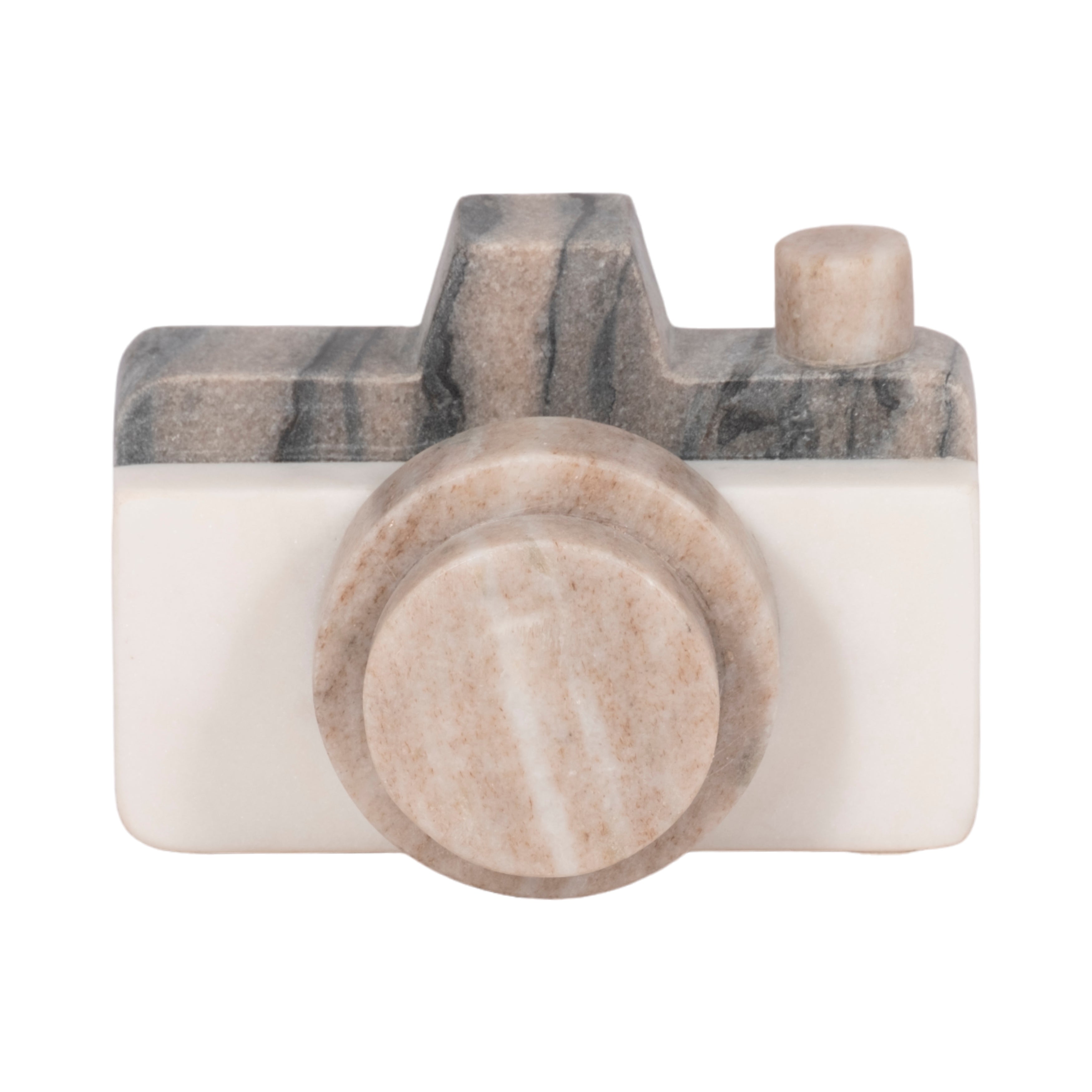 Marble-patterned camera-shaped object on a white background