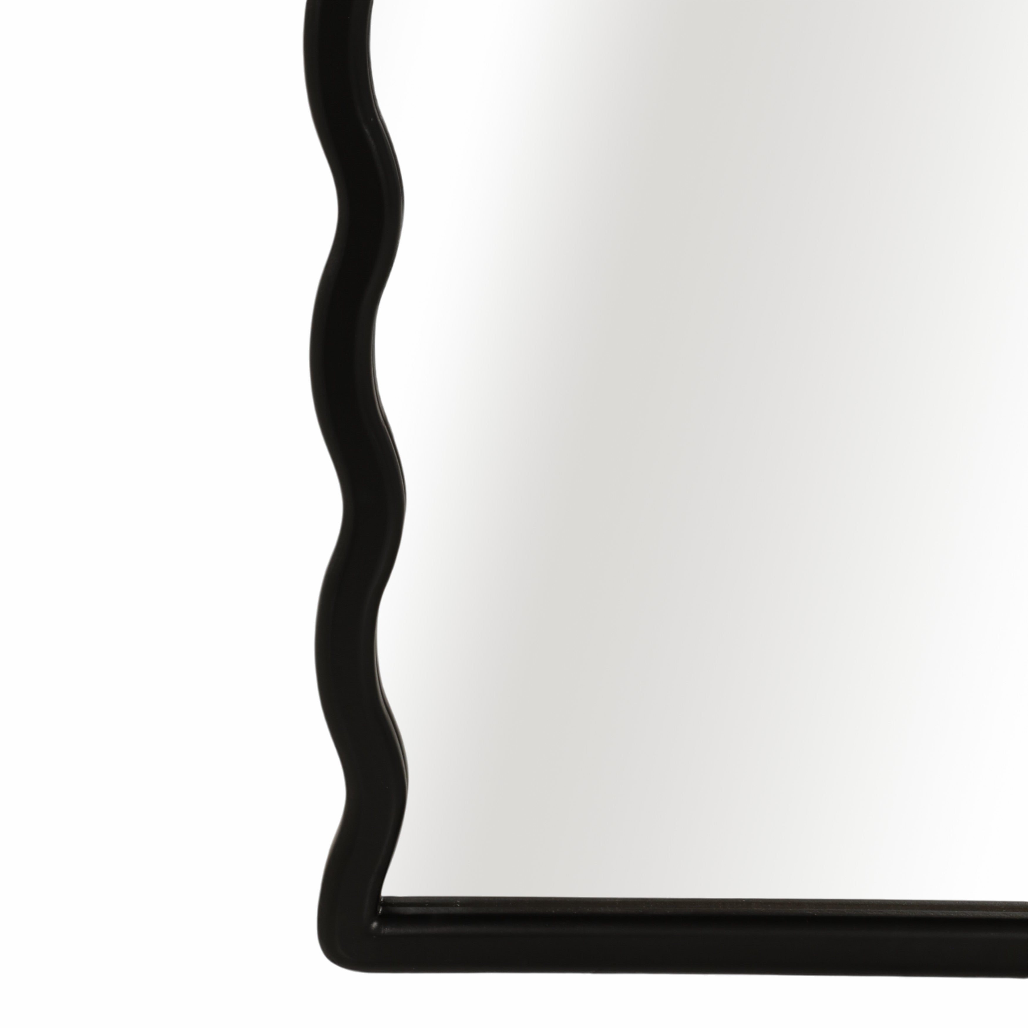 Black-framed mirror with wavy design on a white background
