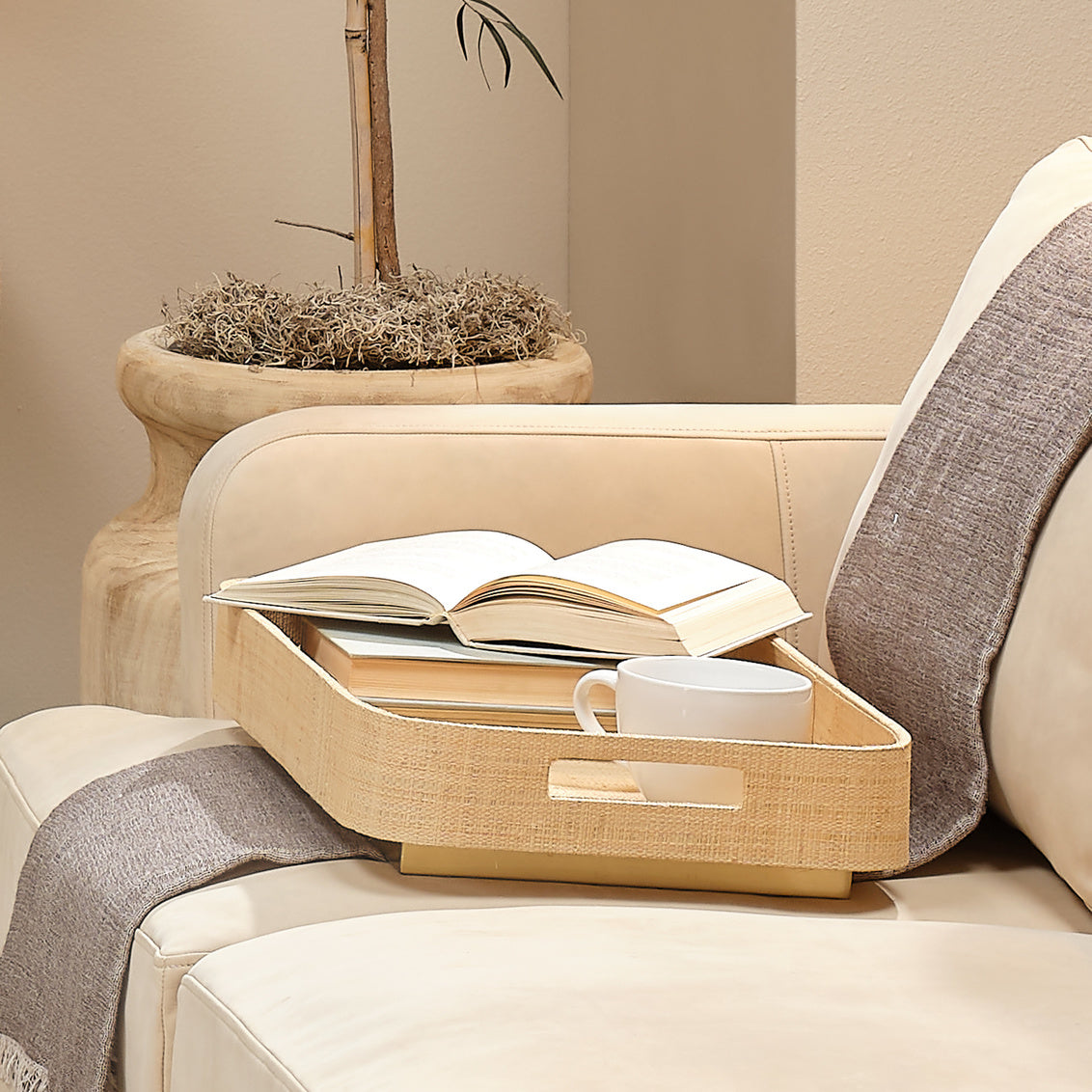 Beige tray on a beige sofa with books and a mug, next to a potted plant.