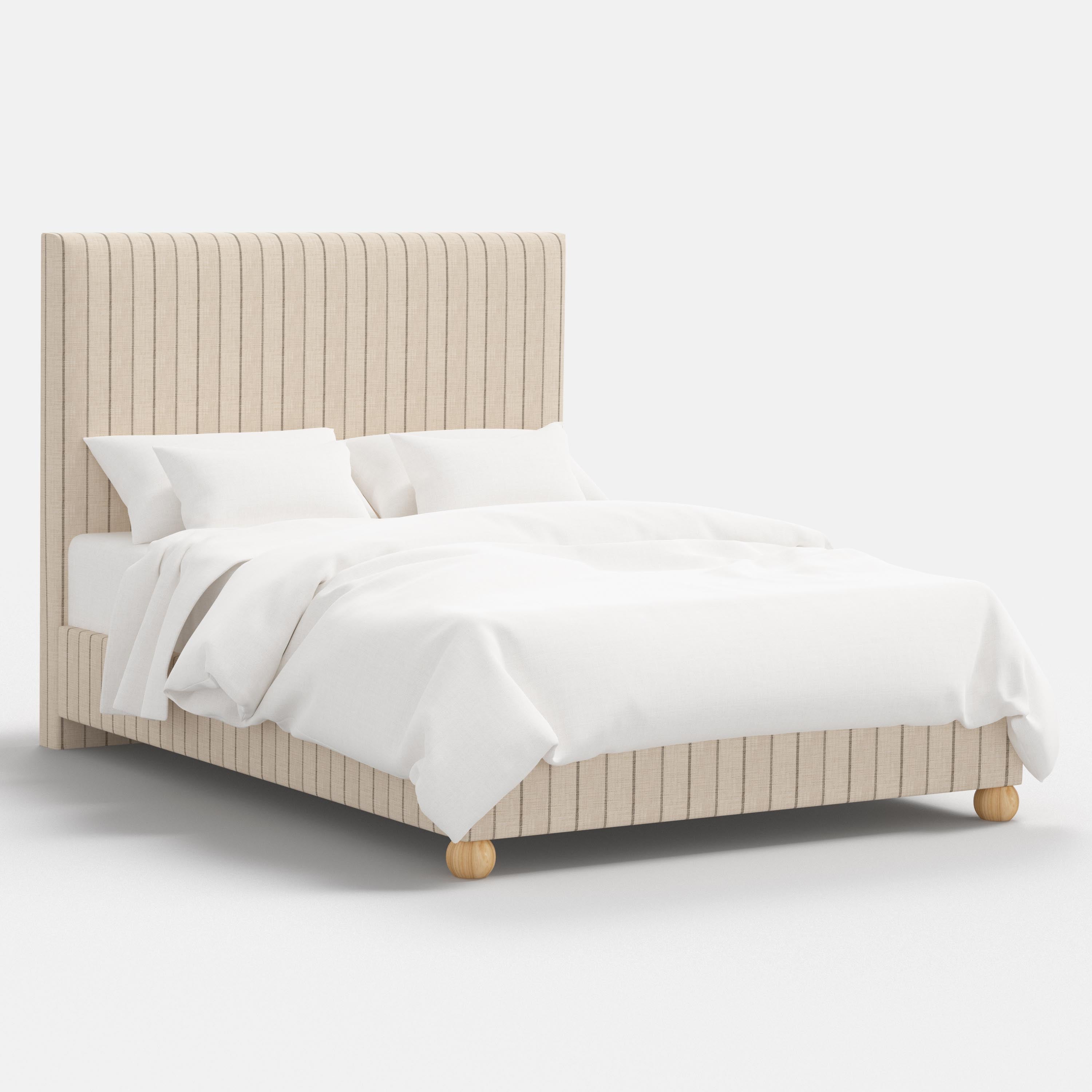 Beige bed with wooden legs and white bedding on a white background