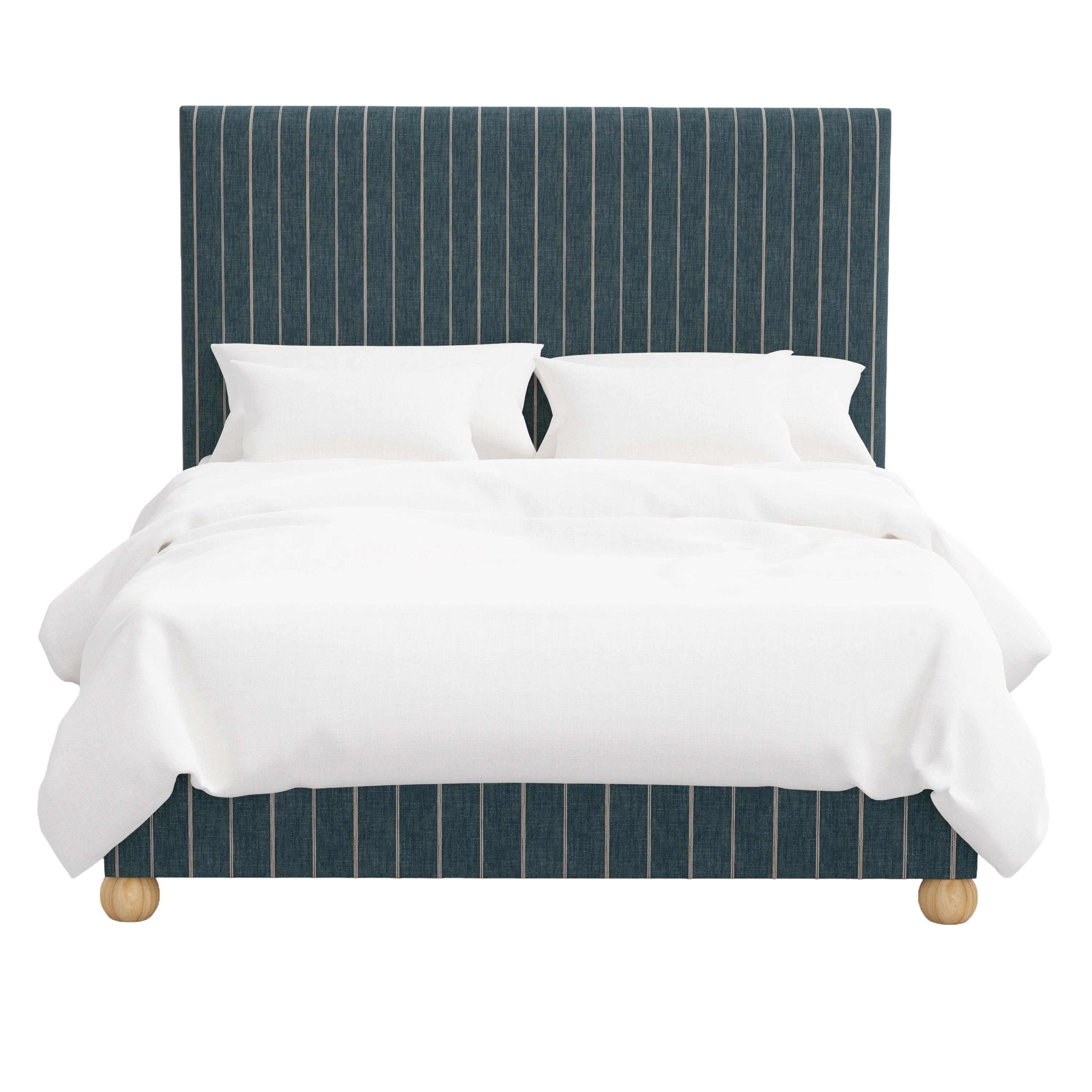 Bed with white bedding and a striped headboard on a white background