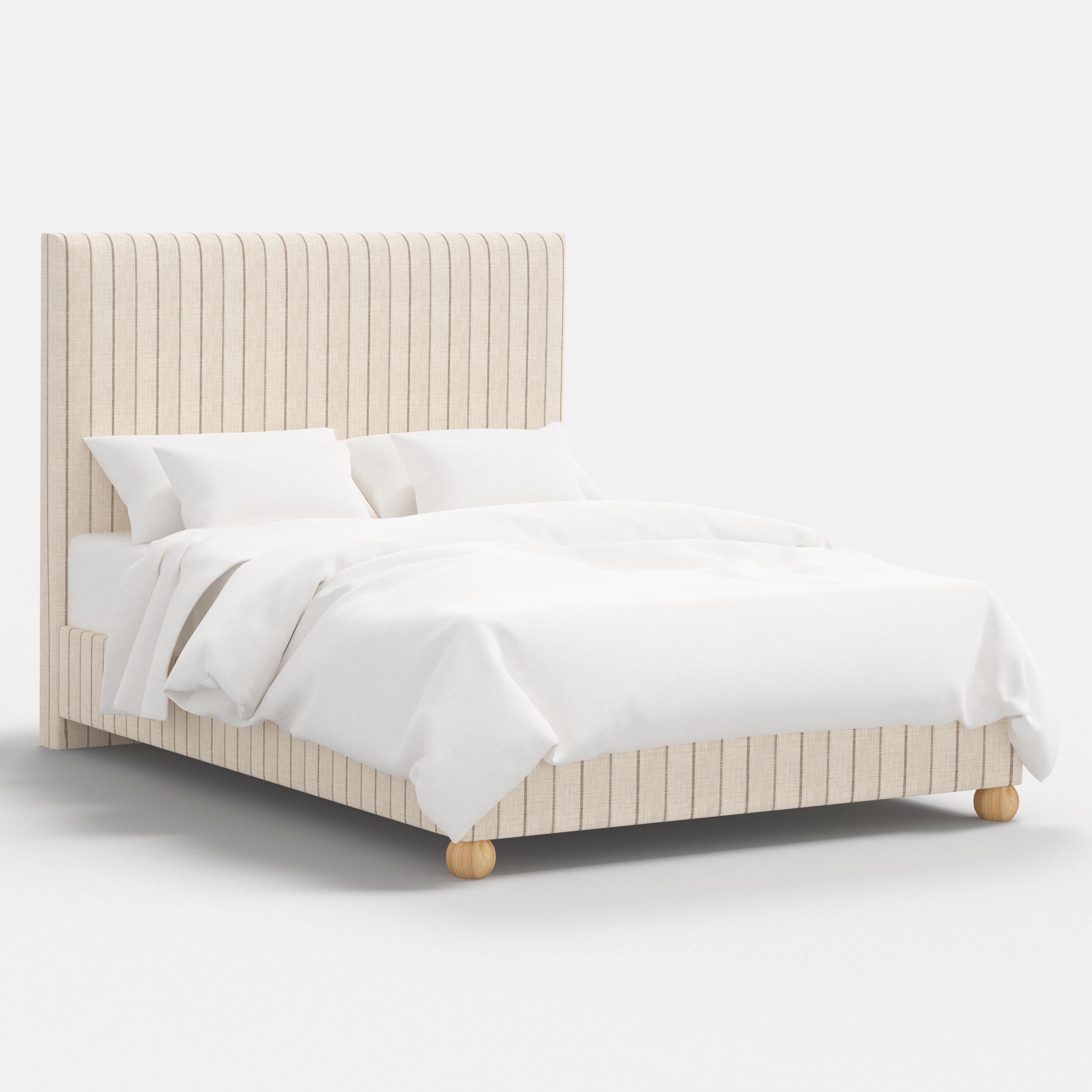 Beige bed with white bedding on a white background