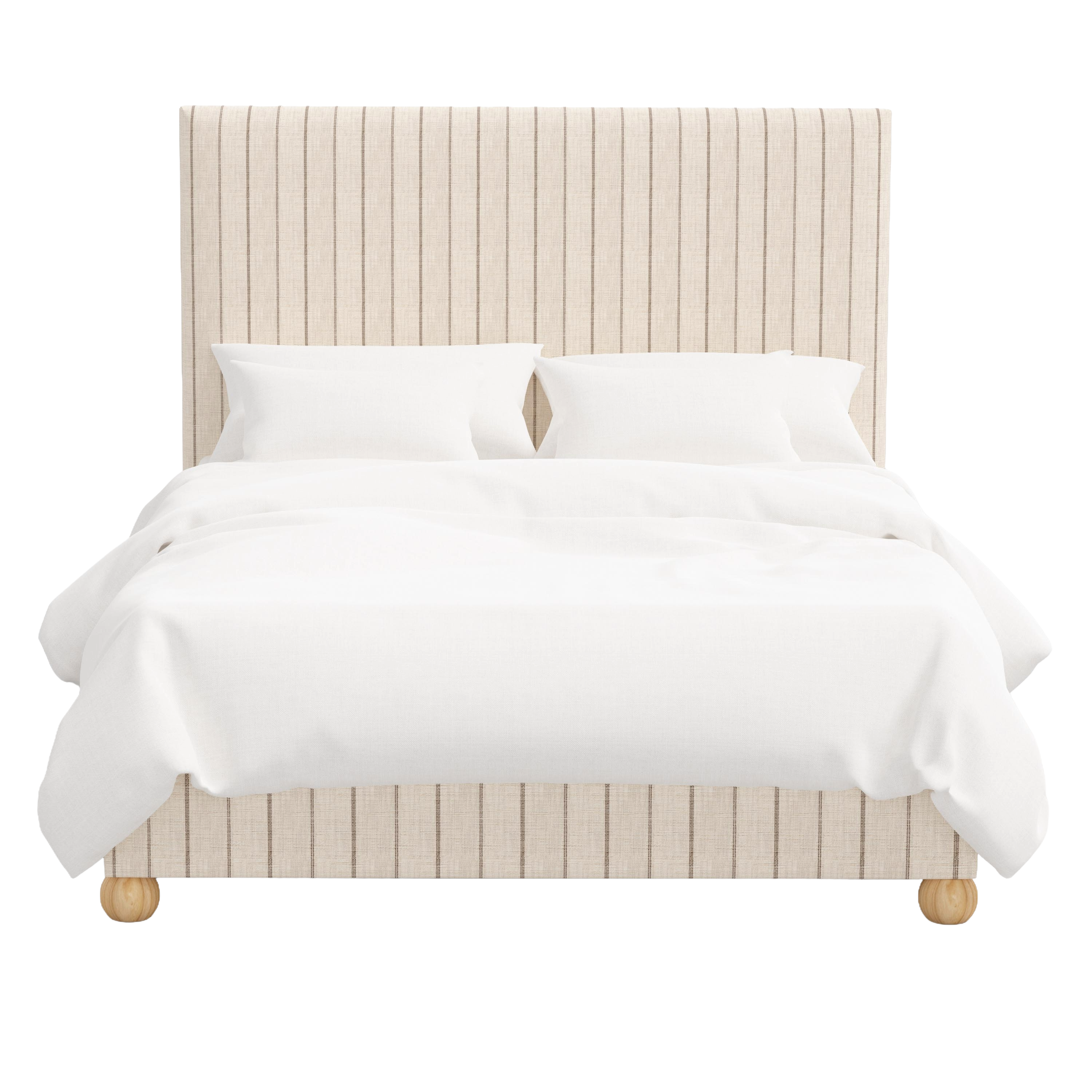 Beige bed with white bedding on a white background
