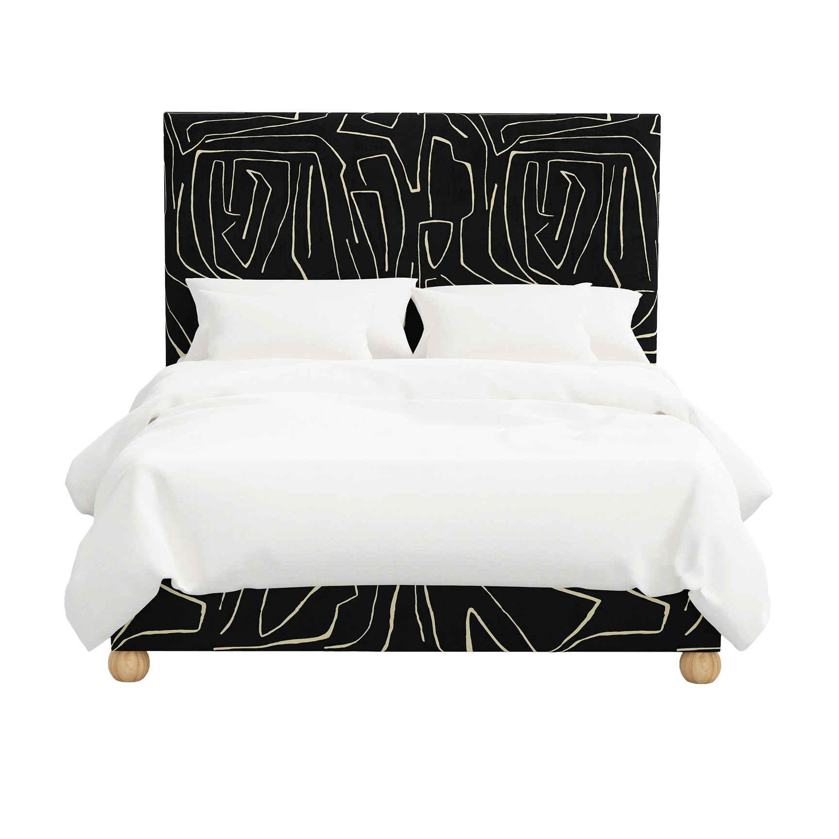 Bed with black and white abstract headboard and bedding on a white background