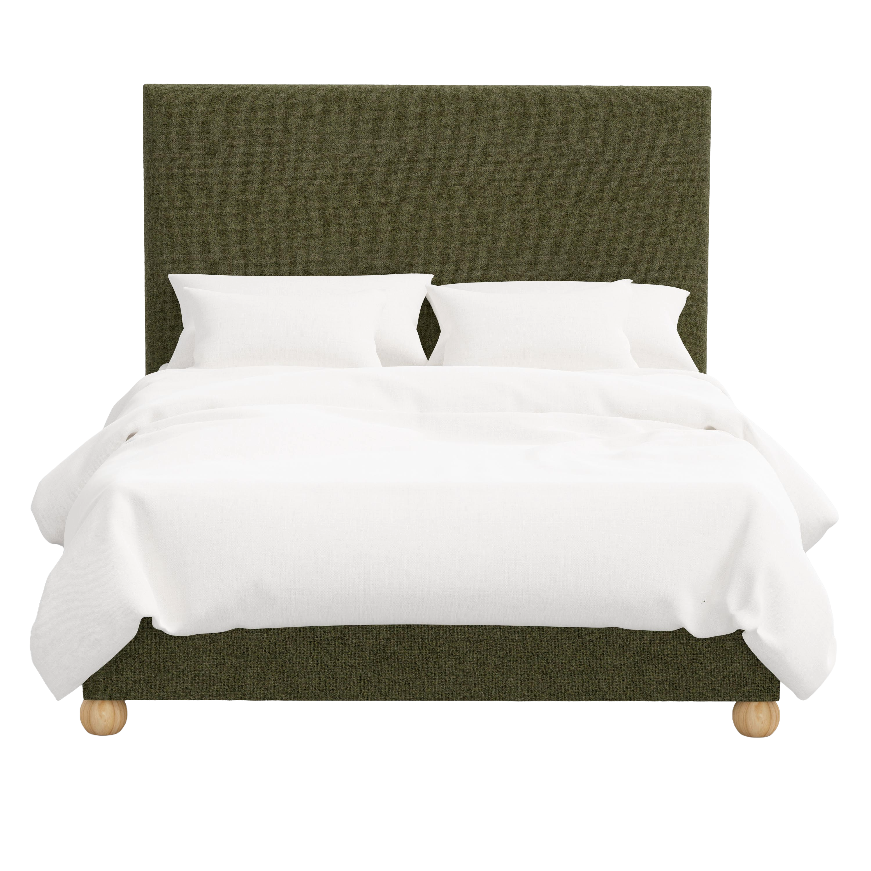 Bed with green upholstered headboard and white bedding on a white background