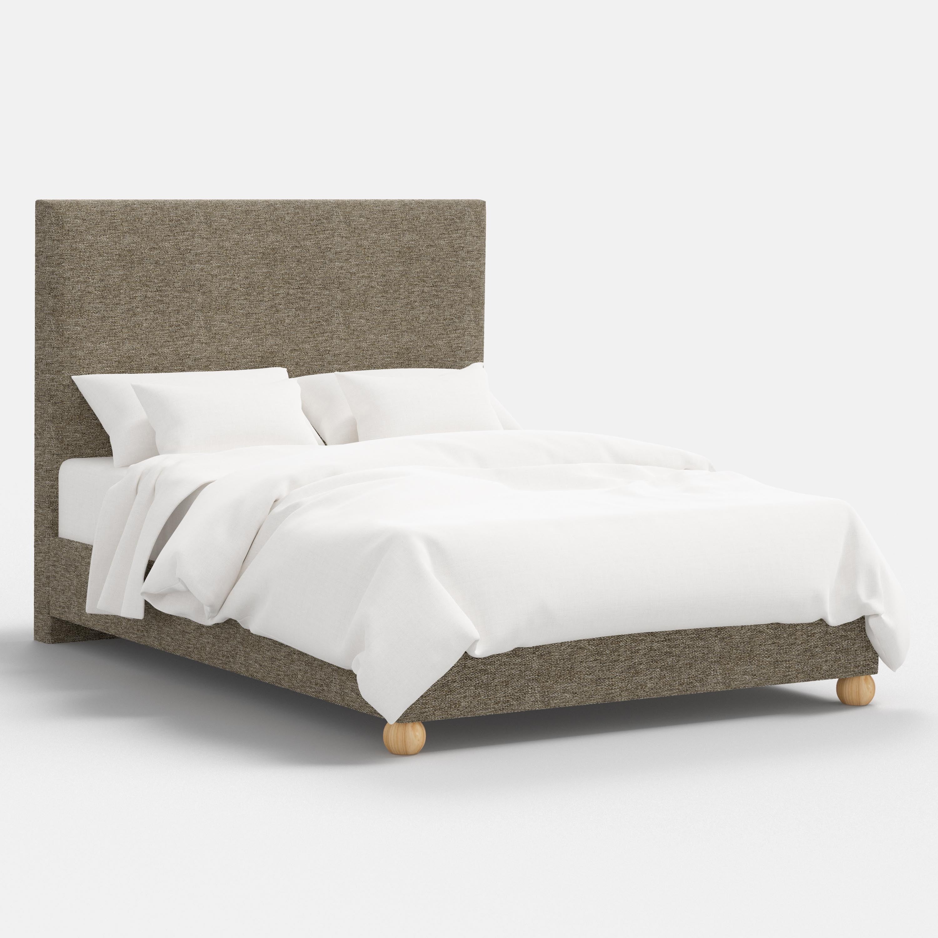 Bed with gray upholstered headboard and white bedding on a white background