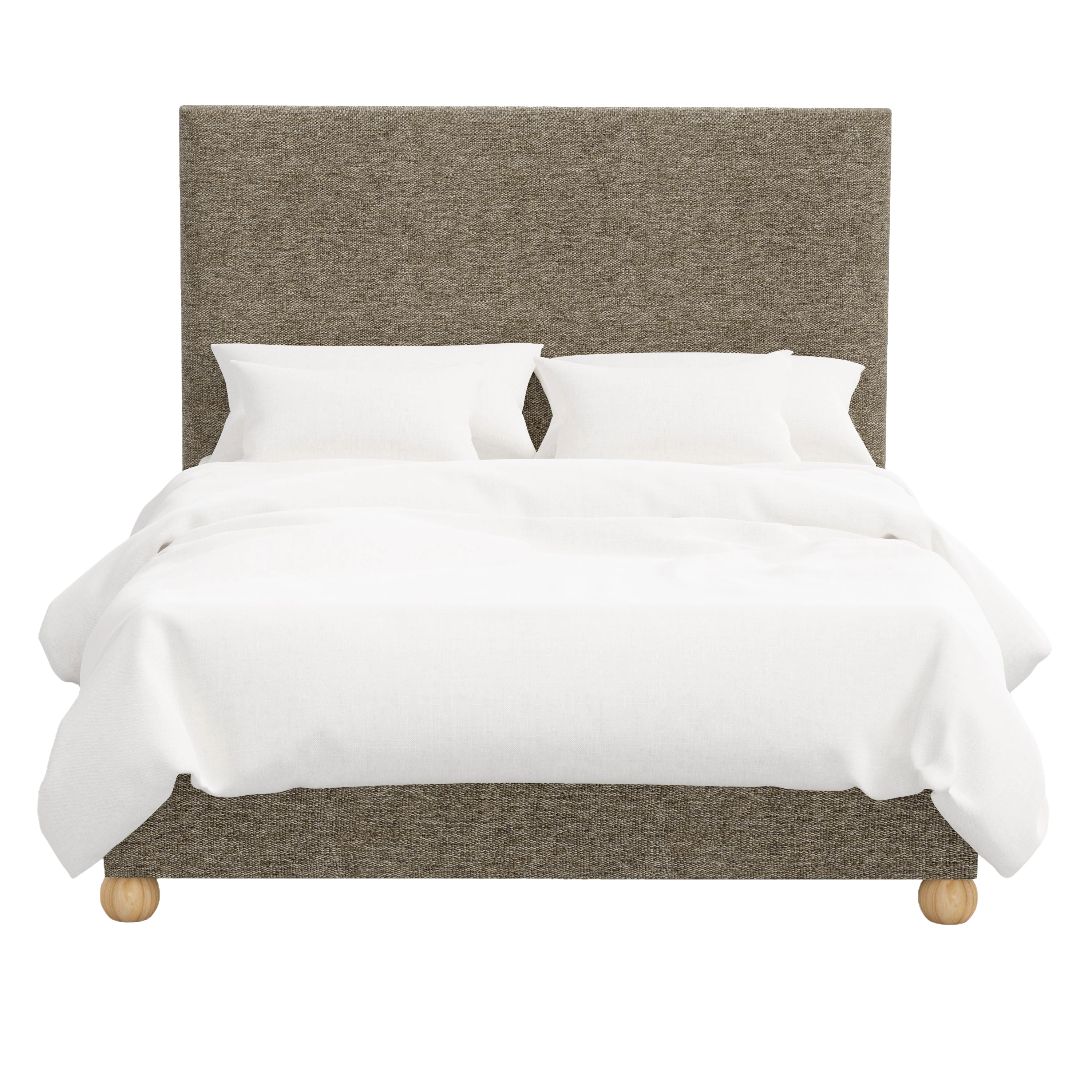 Bed with gray upholstered headboard and white bedding on a white background
