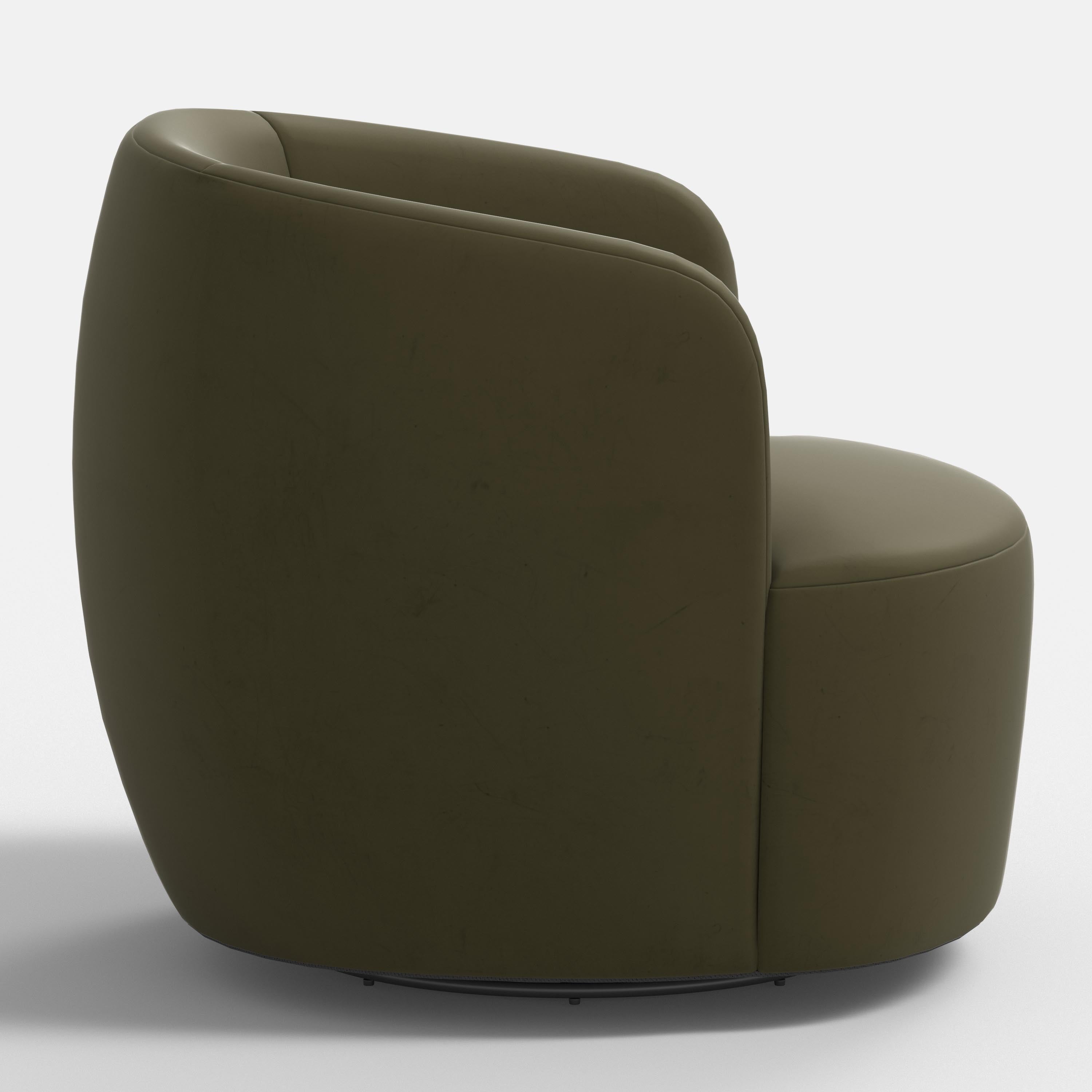 A green upholstered swivel chair with a compact, modern design, displayed against a neutral background.