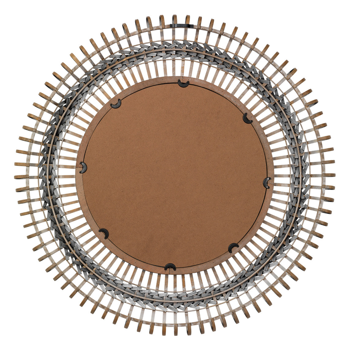 Back of round decorative mirror with wicker-like frame on a white background