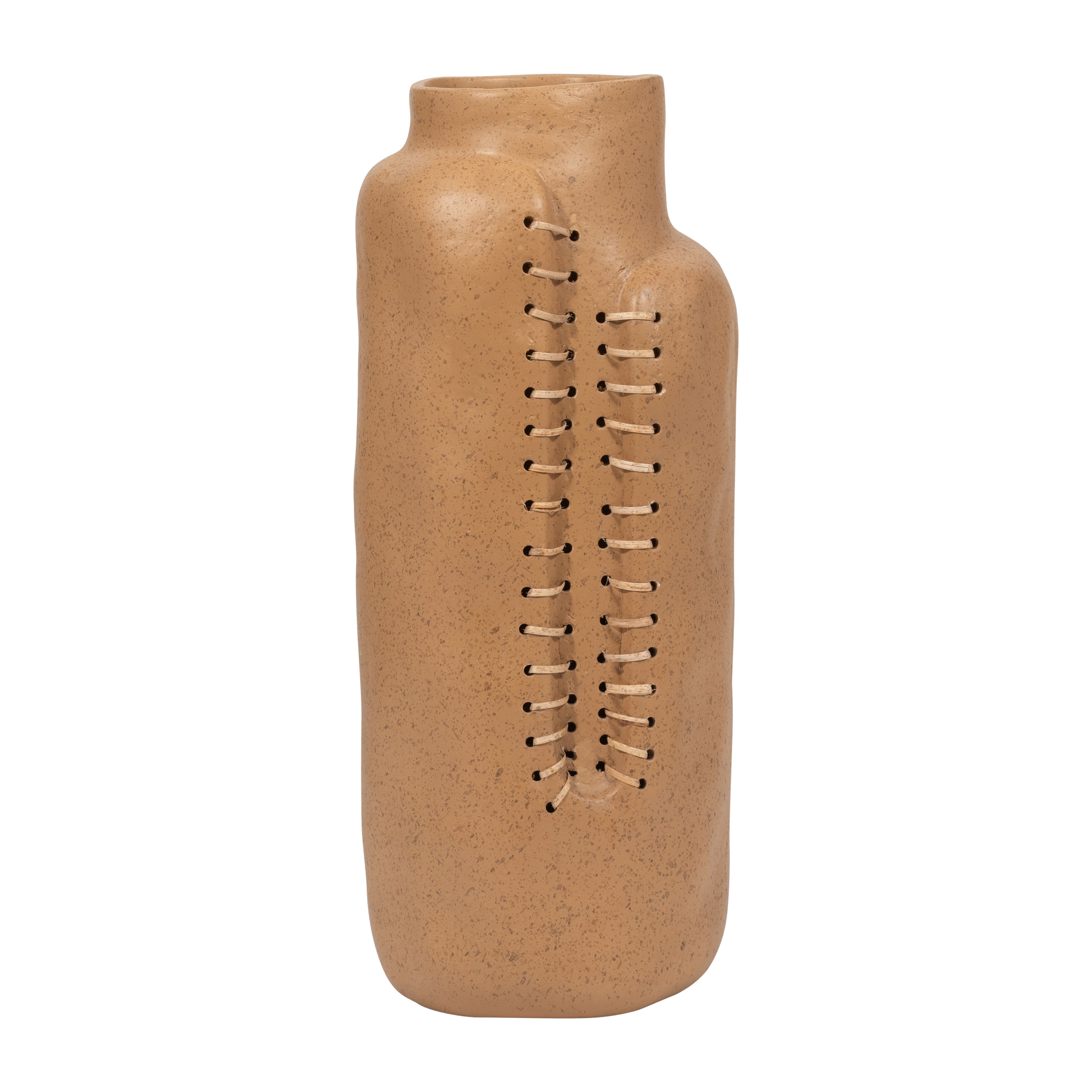 Brown ceramic vase with decorative holes on a white background