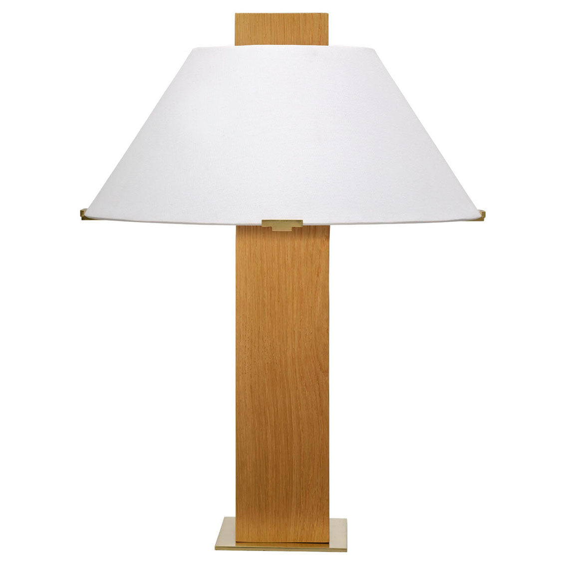 Table lamp with white shade and wooden base on a white background