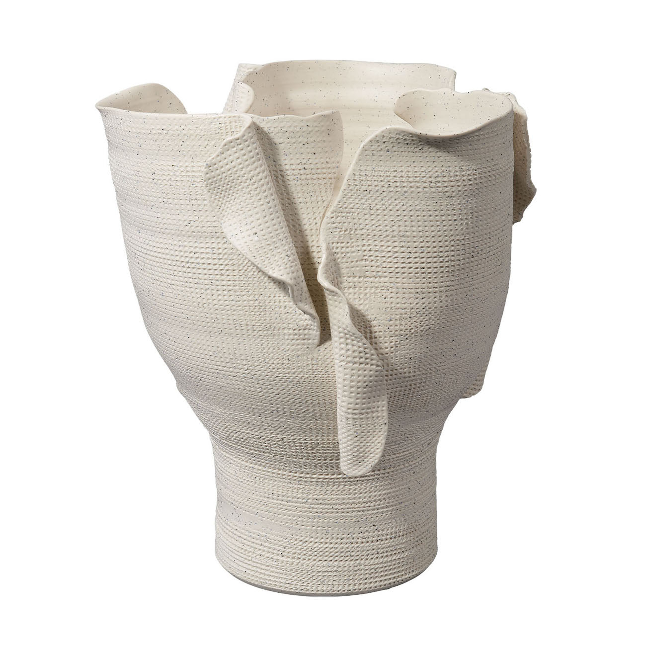Textured vase with ruffled top on a white background