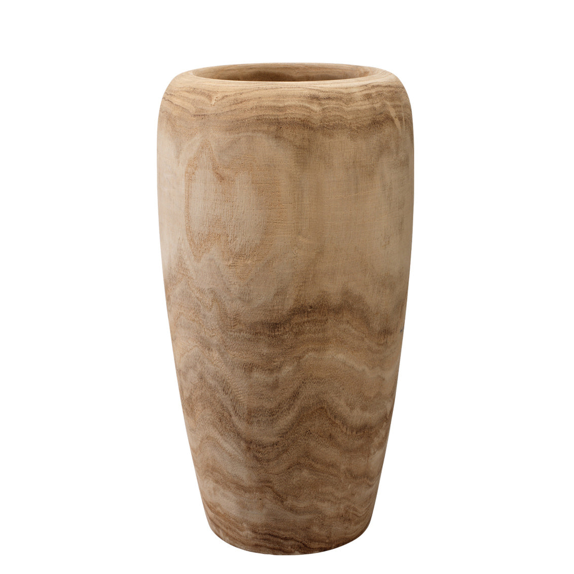 Wooden vase with a natural grain pattern on a white background