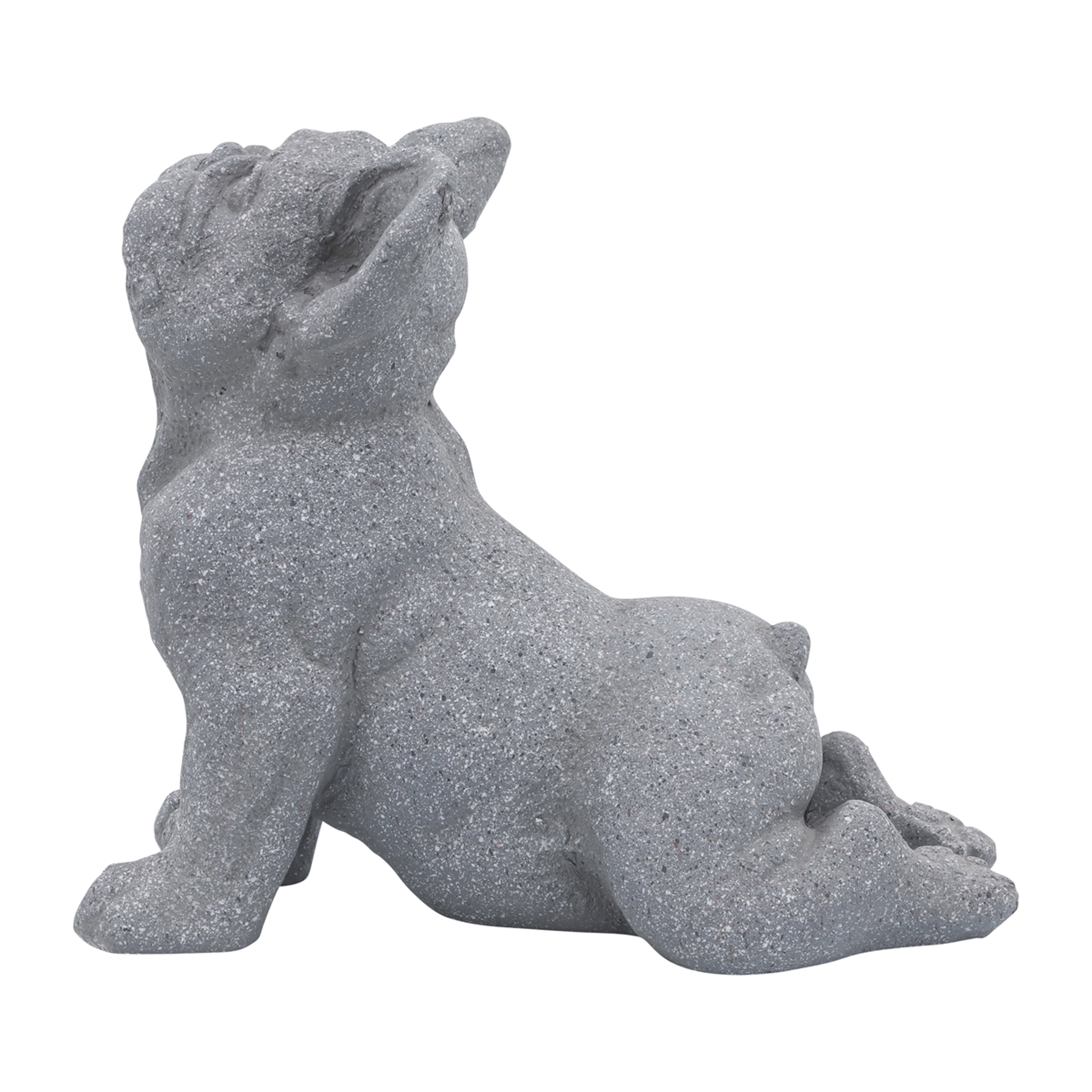 Gray stone statue of a sitting dog on a white background
