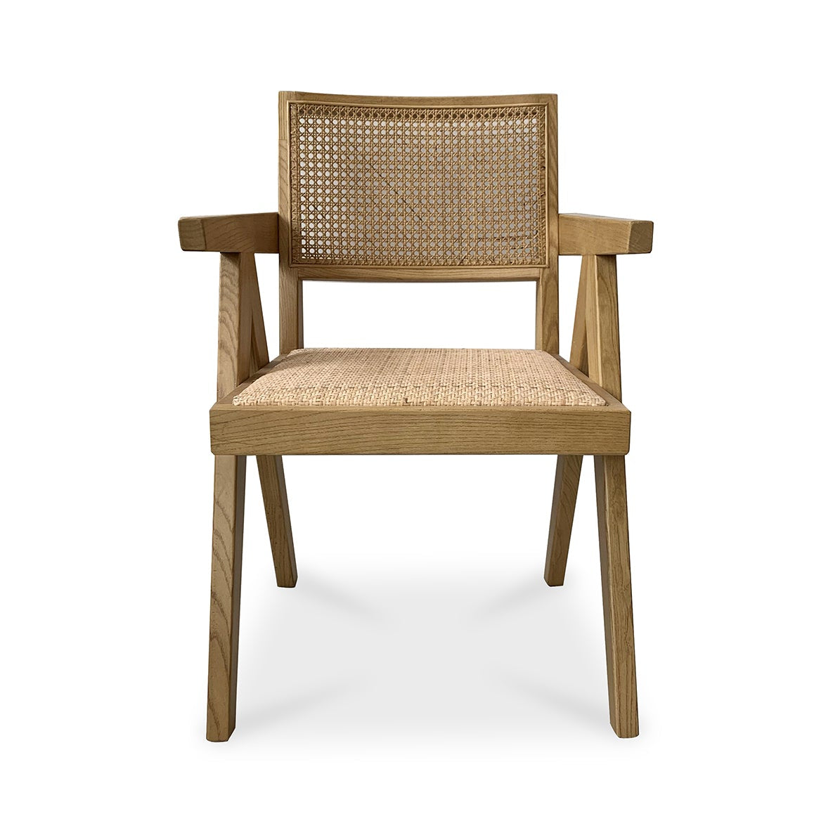 Wooden chair with woven seat and backrest on a white background