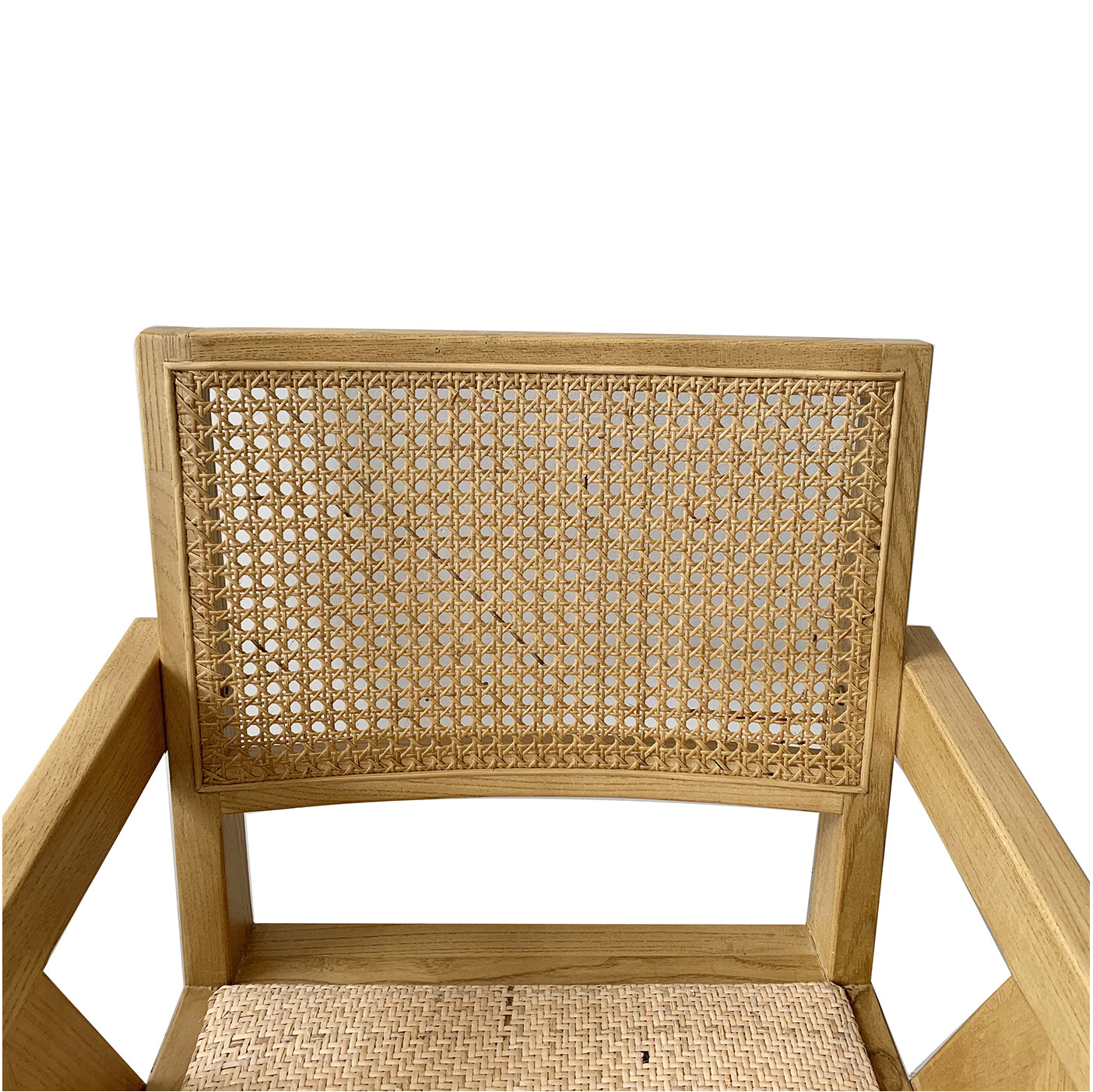 Wicker chair with a woven backrest on a white background