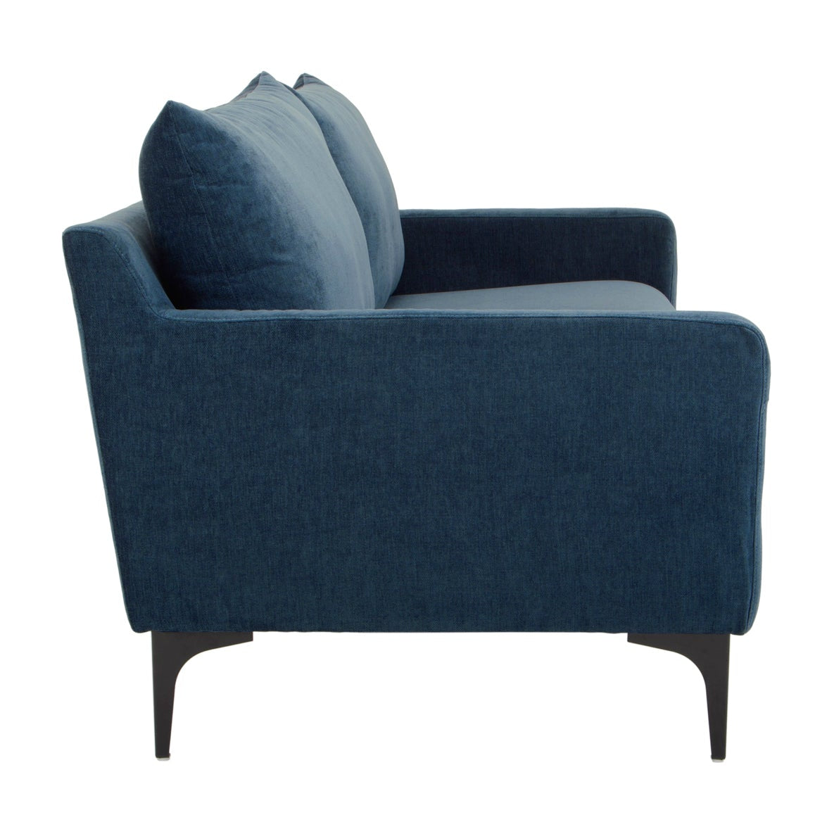 Blue sofa with cushions on a white background