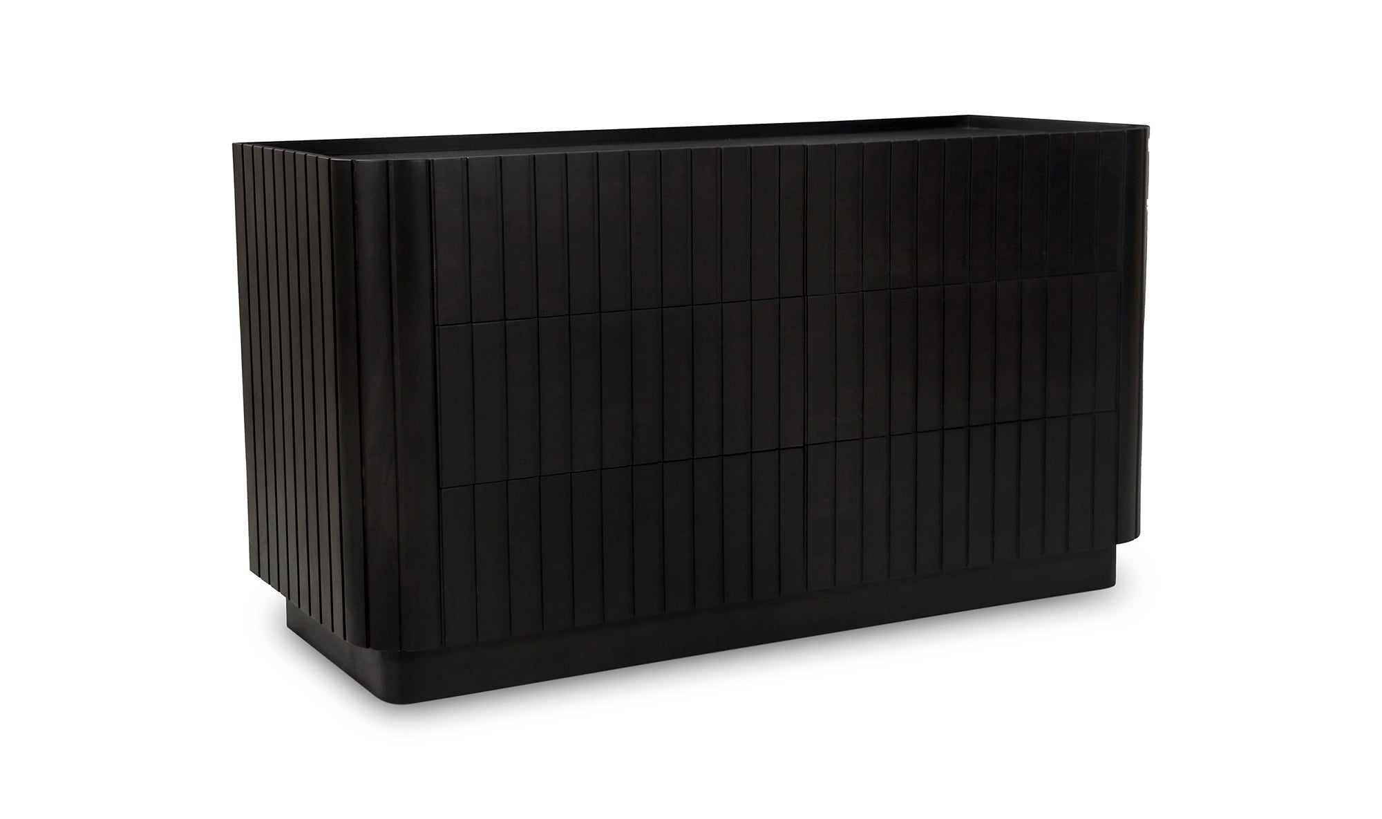 Black rectangular dresser with ribbed texture on a white background
