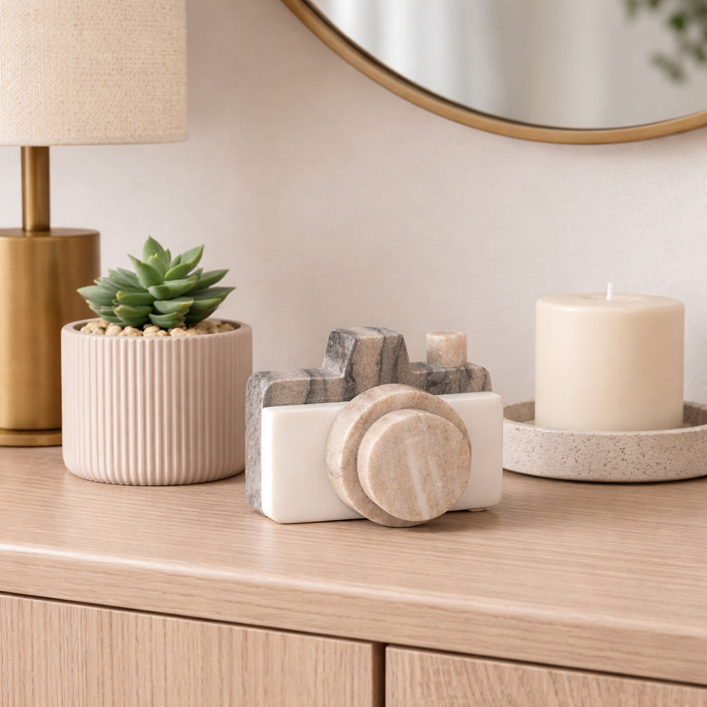Decorative items on a wooden surface including a lamp, plant, and candles.