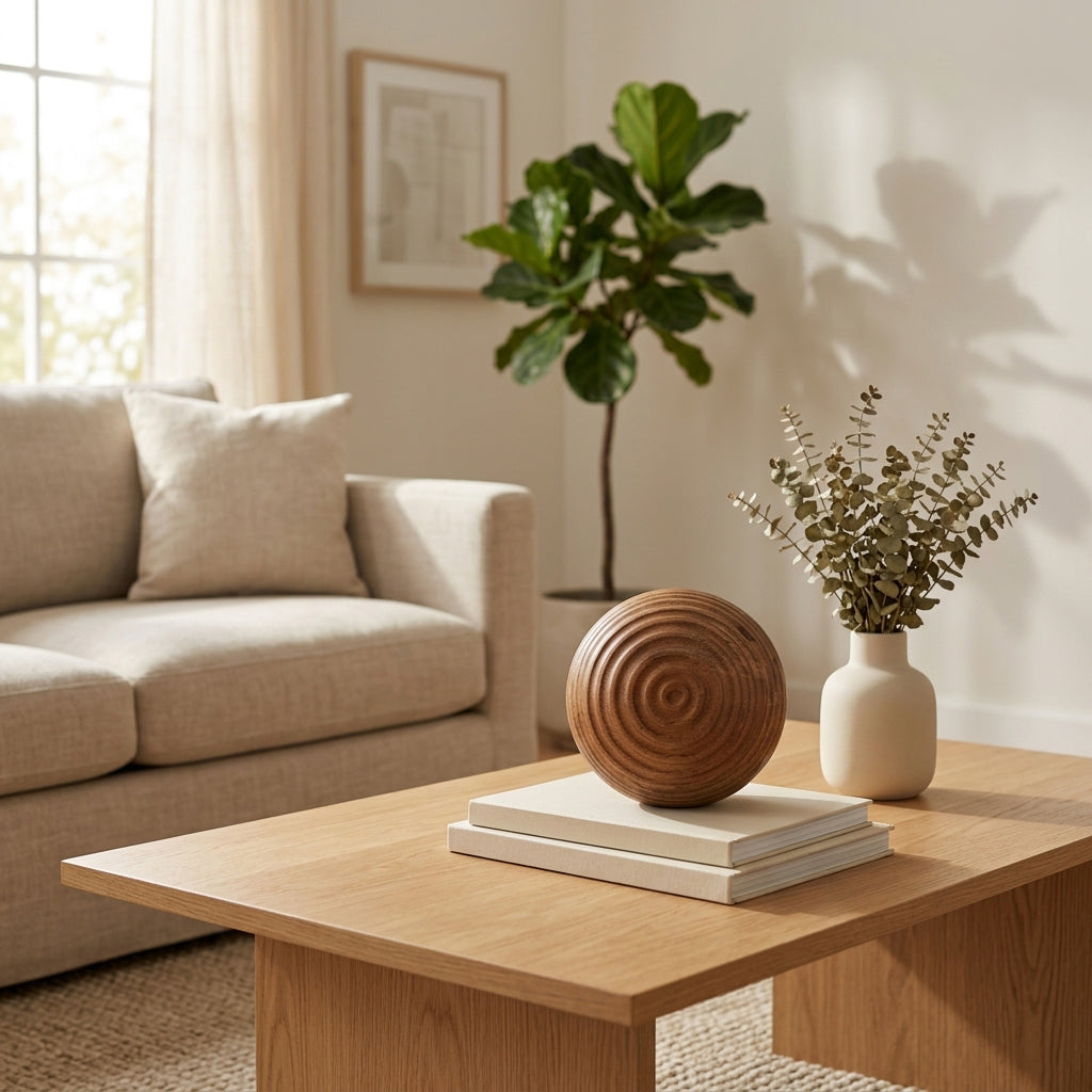 Living room with a beige sofa, wooden coffee table, and decorative items.