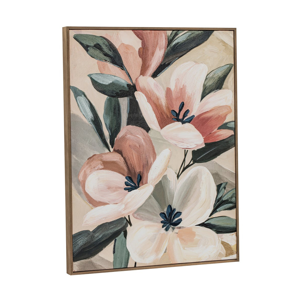 Framed floral artwork with pink and white flowers on a white background