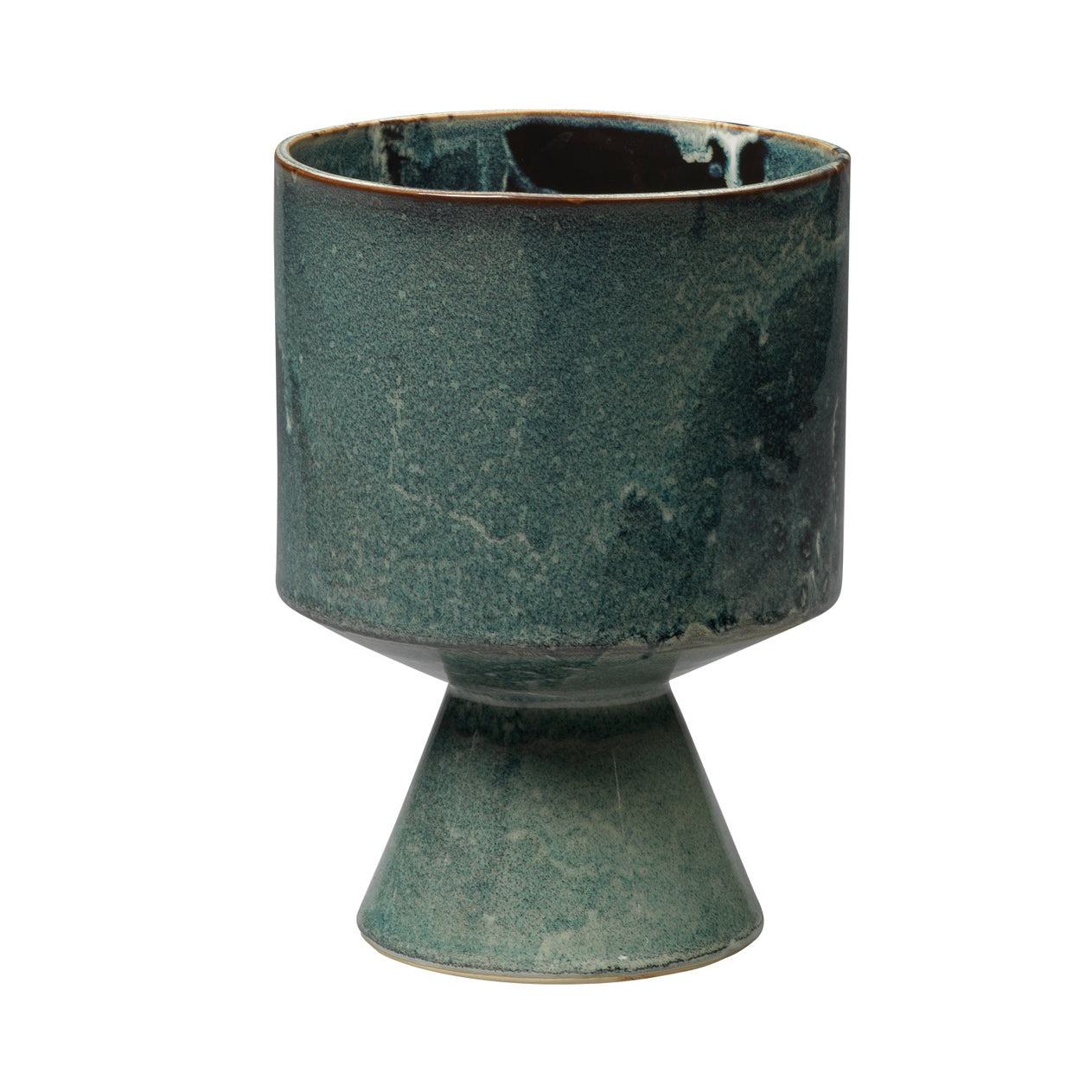 Green ceramic pot with a wide base on a white background