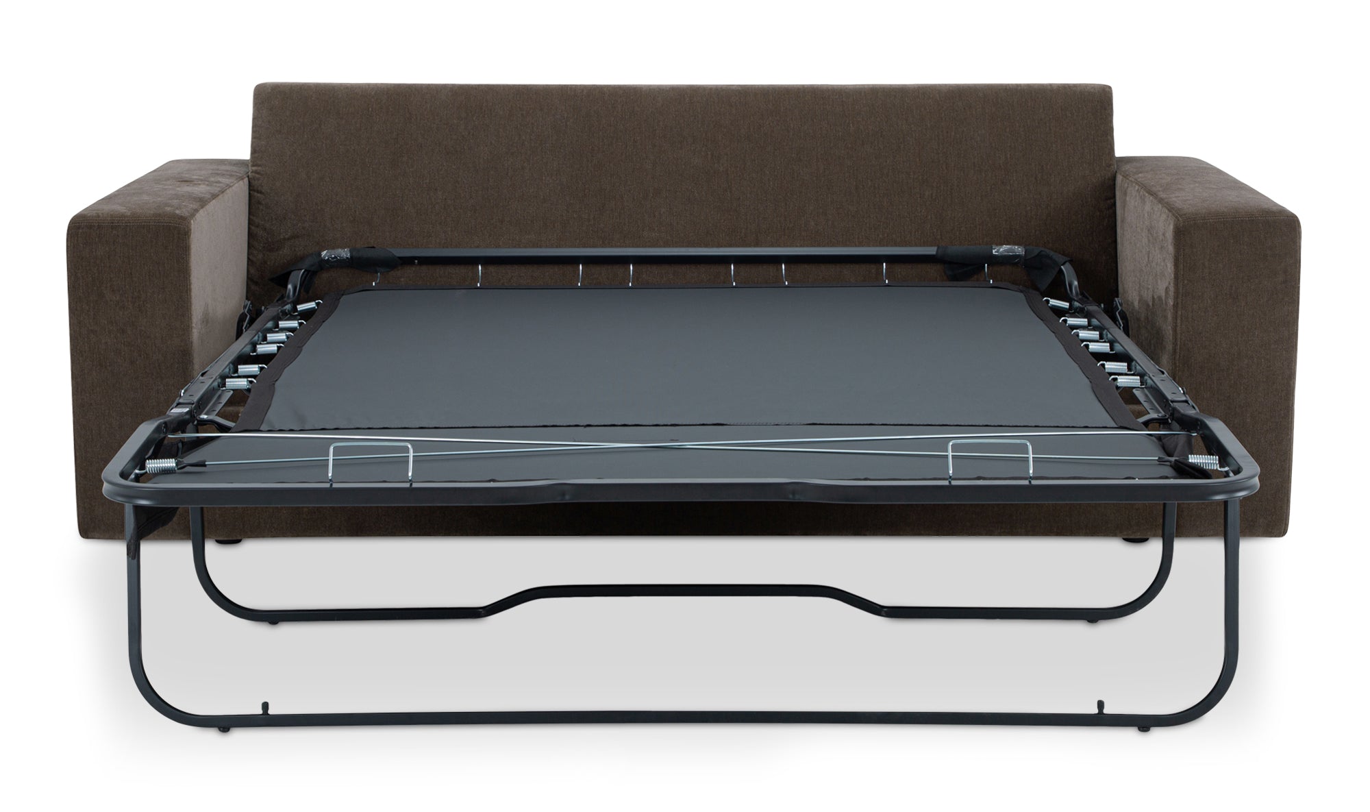 Brown sofa bed with a black metal frame on a white background