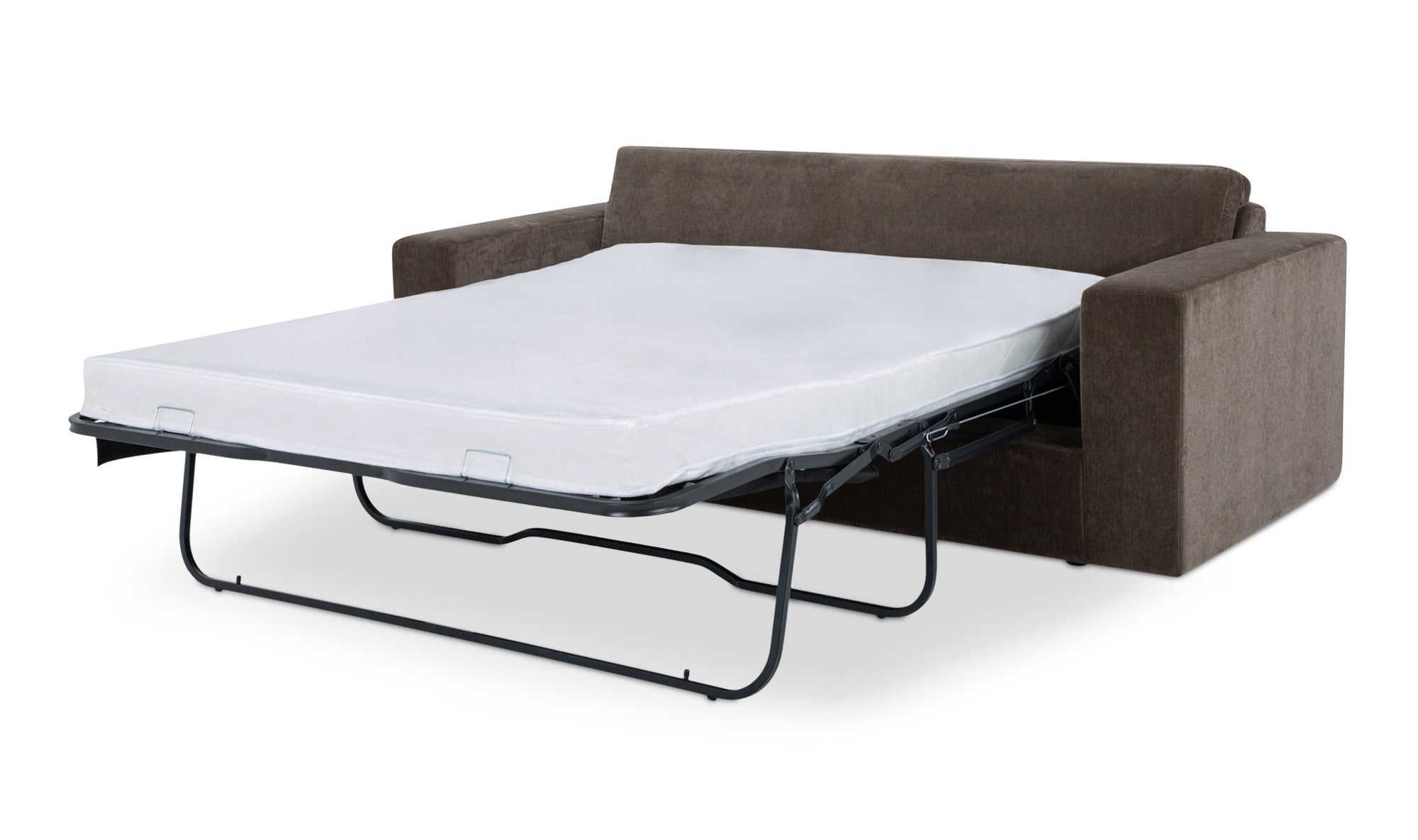 Sofa bed with a mattress pulled out on a white background