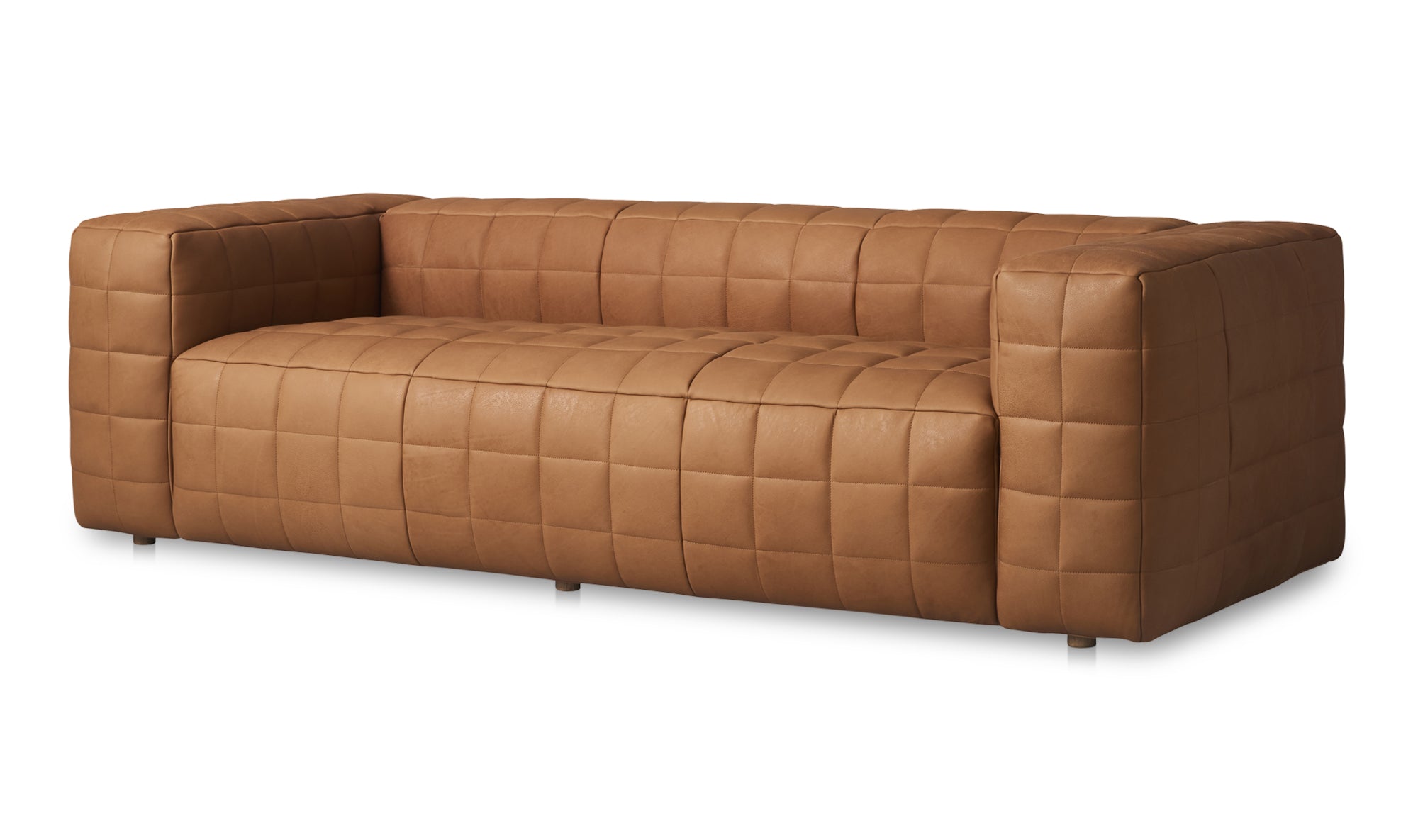 A brown leather Callan sofa with a modern silhouette, wide arms, and a low profile.