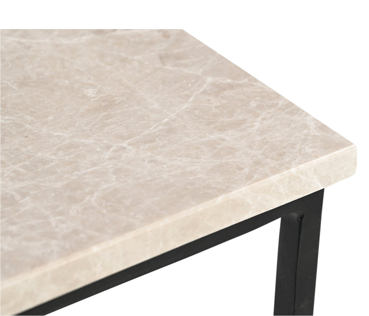 Beige marble-patterned table top with black metal legs on a white background