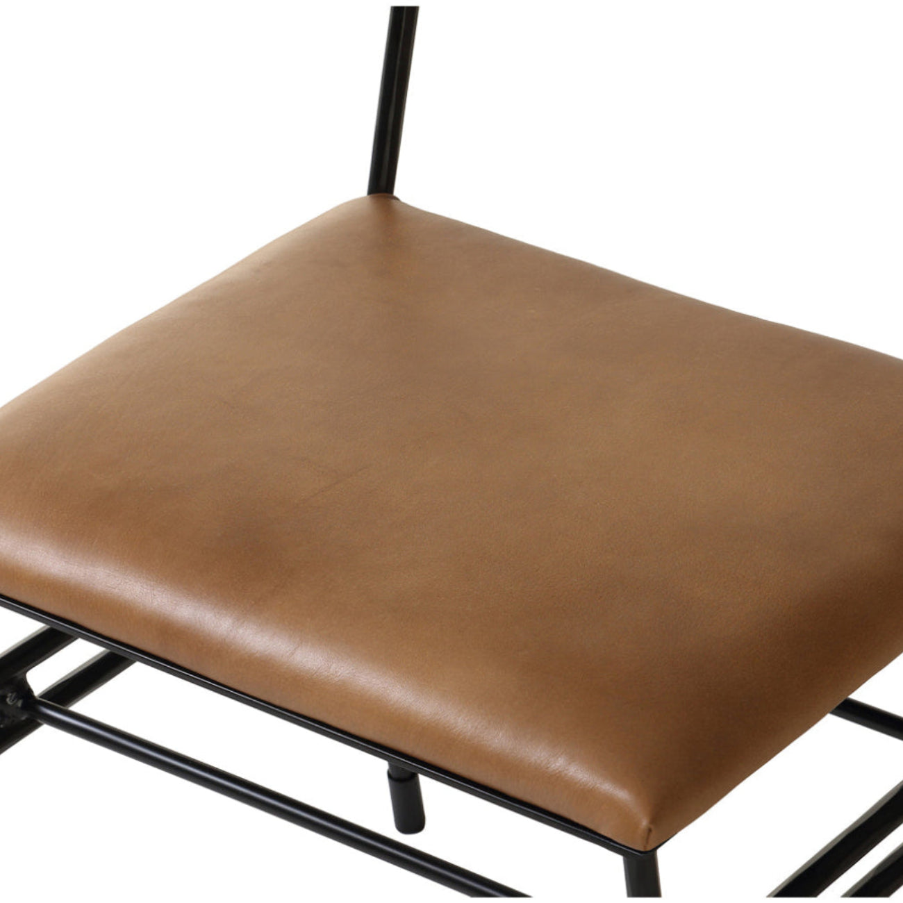 Brown cushioned stool with black metal frame on a white background