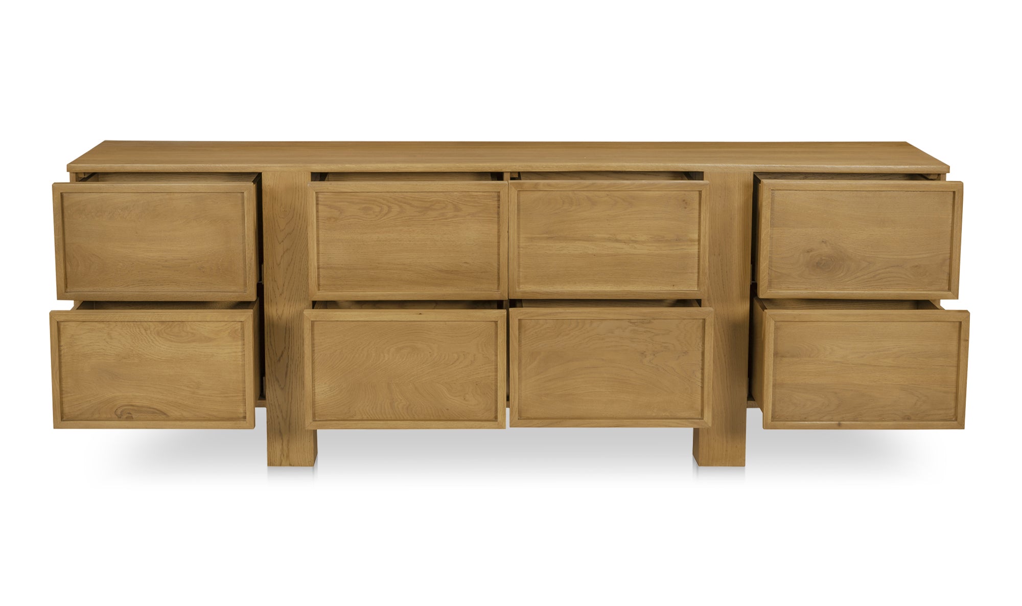 Wooden dresser with multiple drawers on a white background