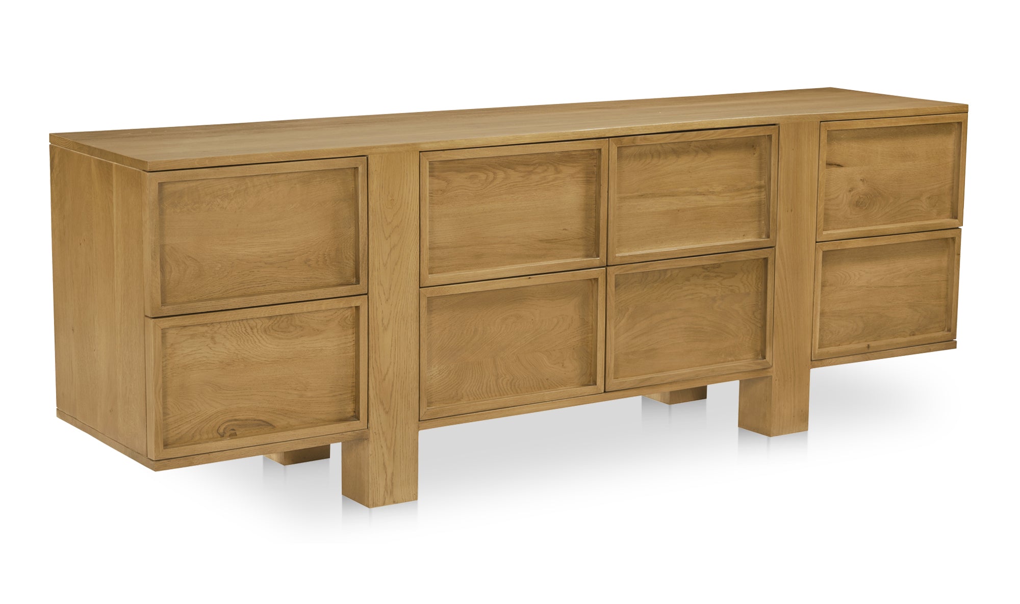 Wooden sideboard with multiple drawers on a white background