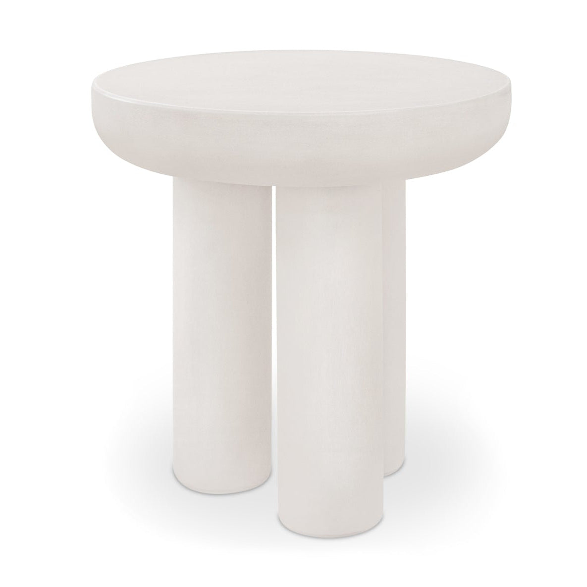 Round white table with three cylindrical legs on a white background