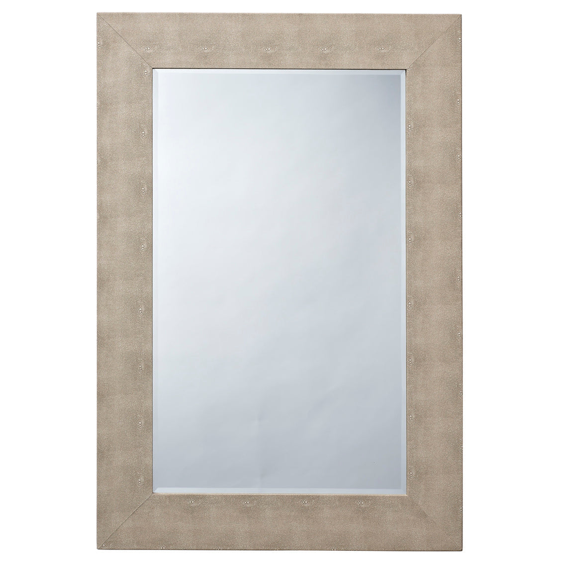 Rectangular mirror with a textured beige faux shagreen frame on a white background