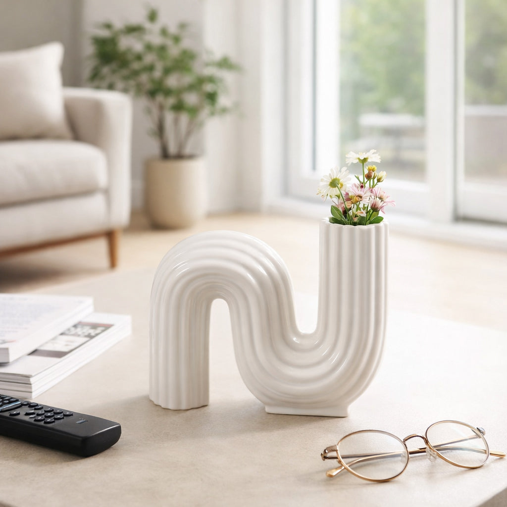 White U-shaped vase with flowers on a coffee table in a living room.