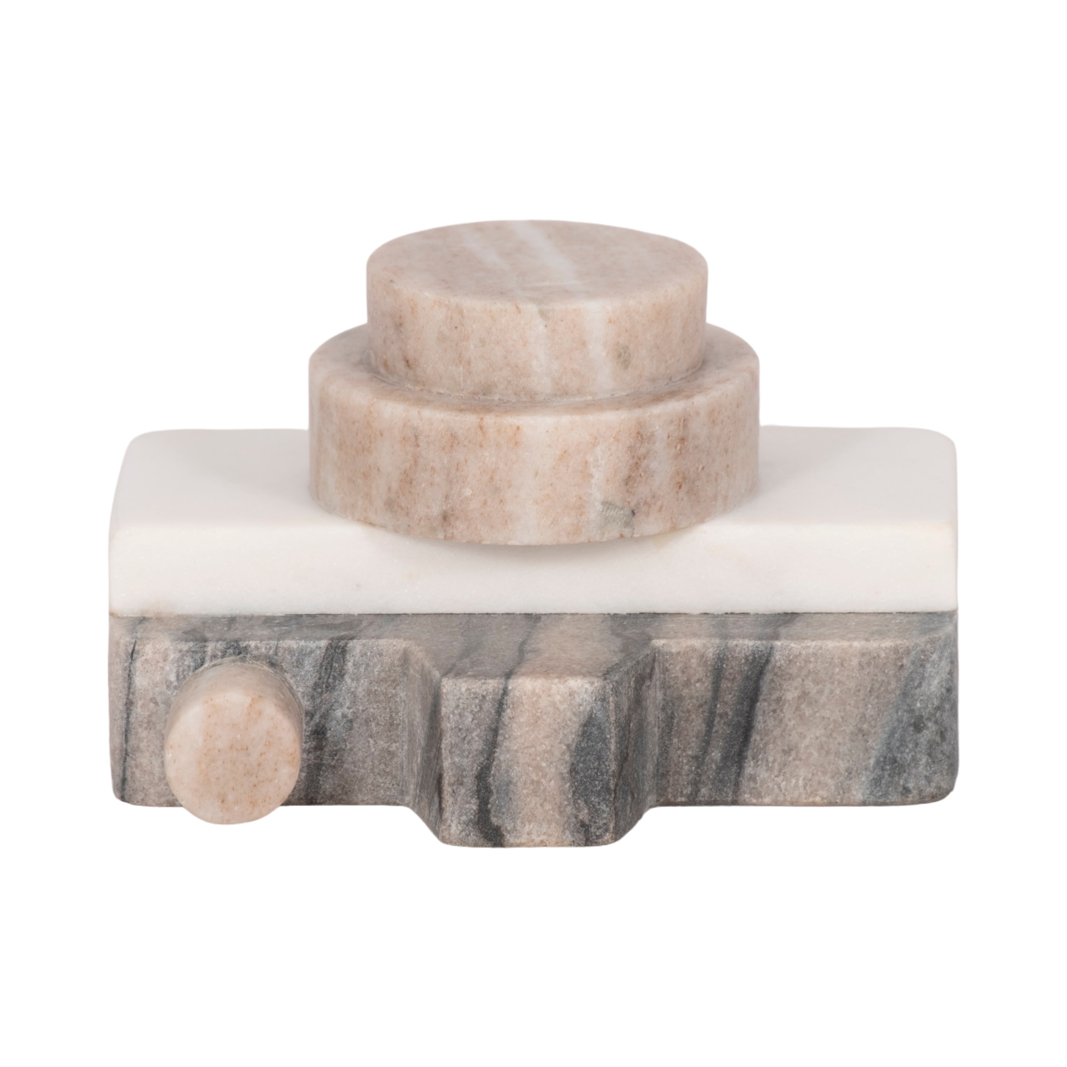 Marble-like cylindrical object with a rectangular base on a white background