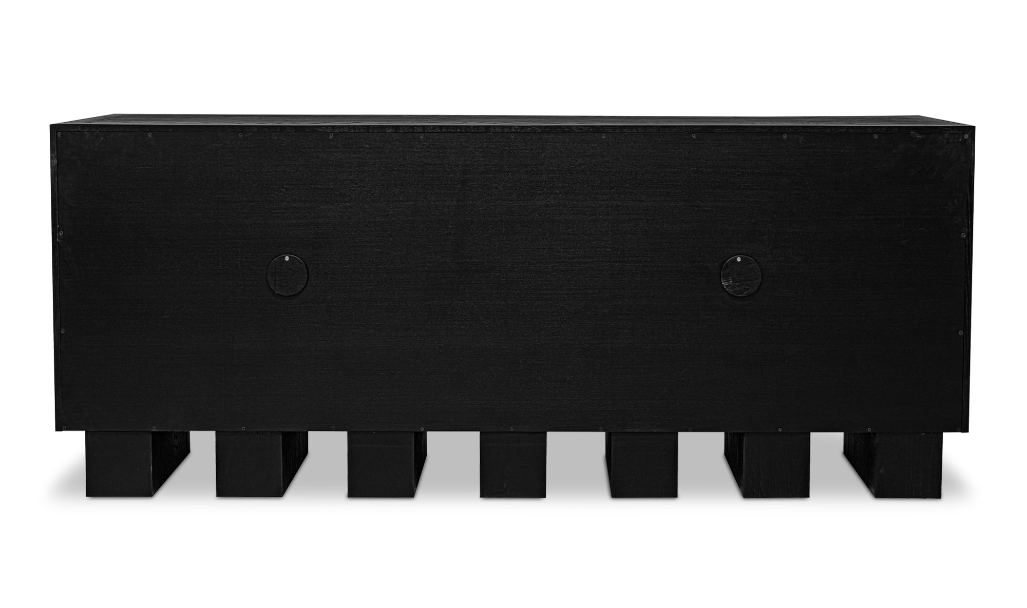 A black sideboard with minimalist design, featuring antique gold accents and chunky legs.