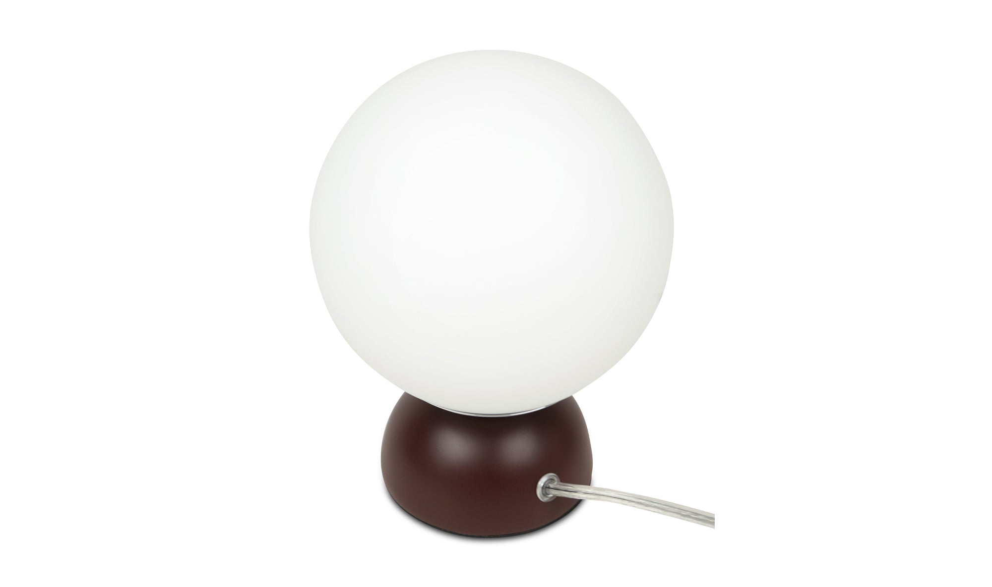 White spherical lamp on a brown base against a white background