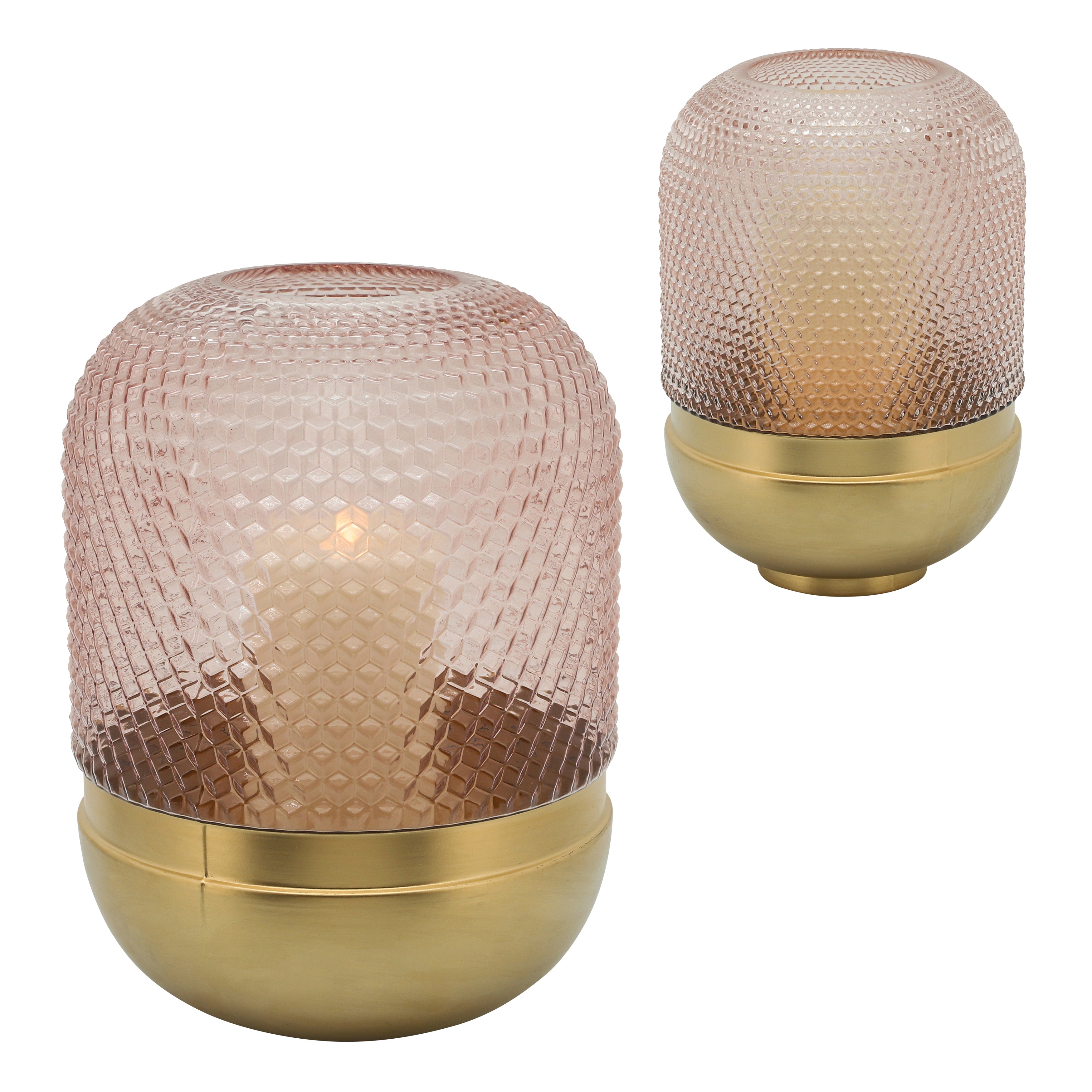 Two decorative candle holders with textured glass and gold bases on a white background