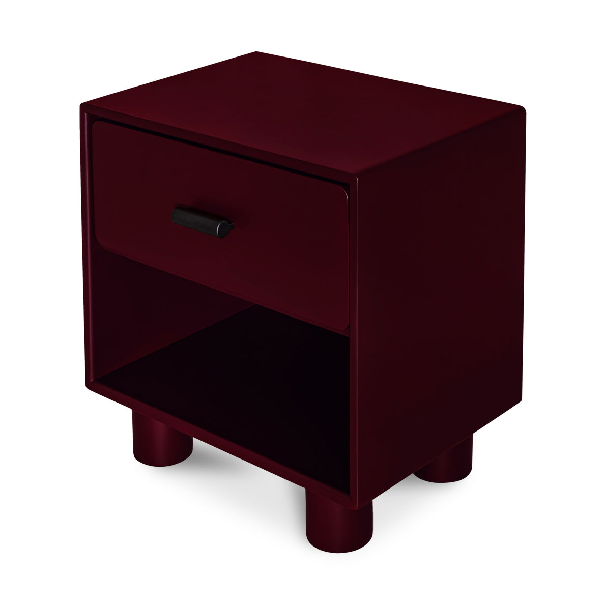 Maroon nightstand with a drawer on a white background