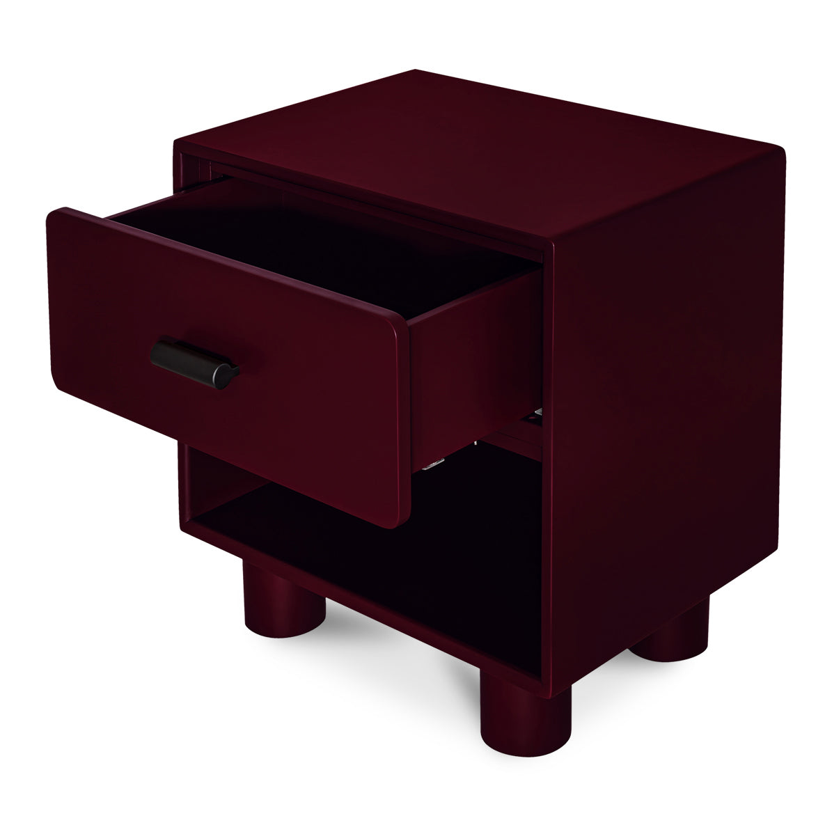 Dark red nightstand with a drawer on a white background