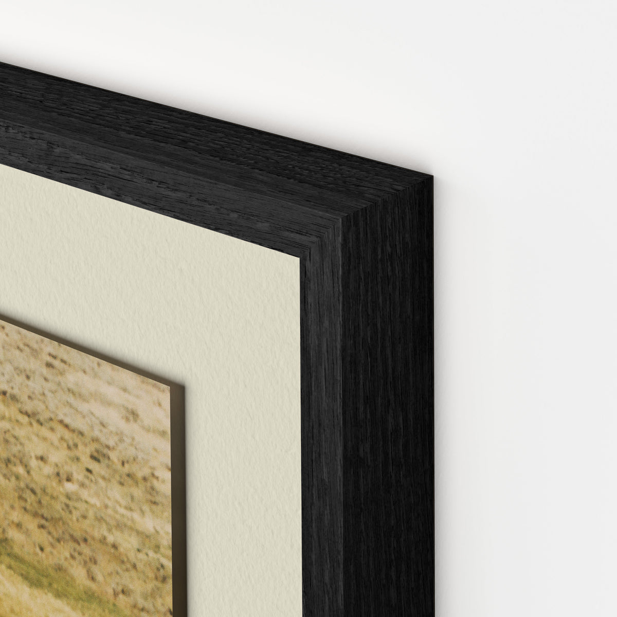Close-up of a framed wall art print showing a thick black wood frame, cream mat board, and a portion of a landscape photograph with tan and green tones, set against a plain white wall.