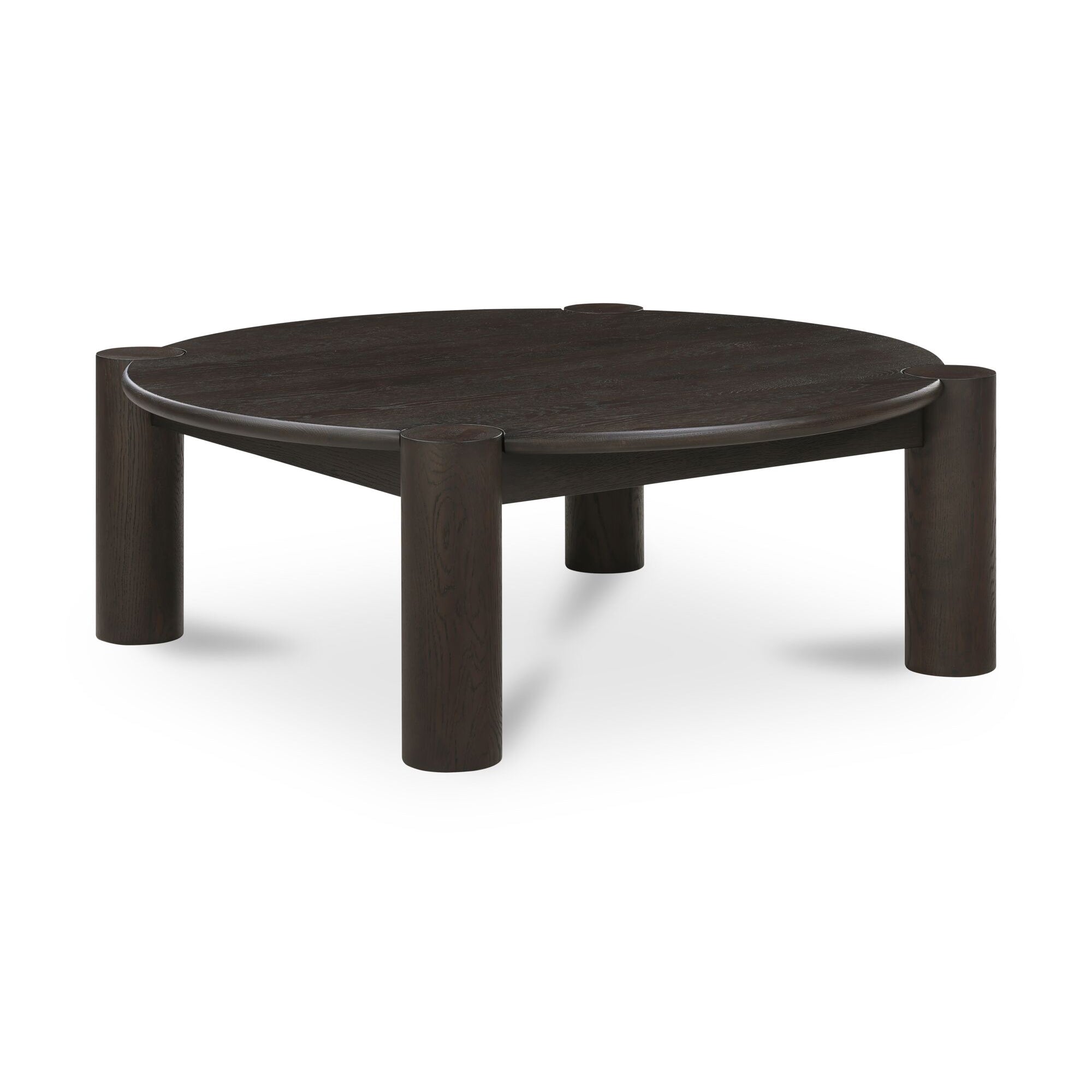 Round dark wood coffee table on a white background